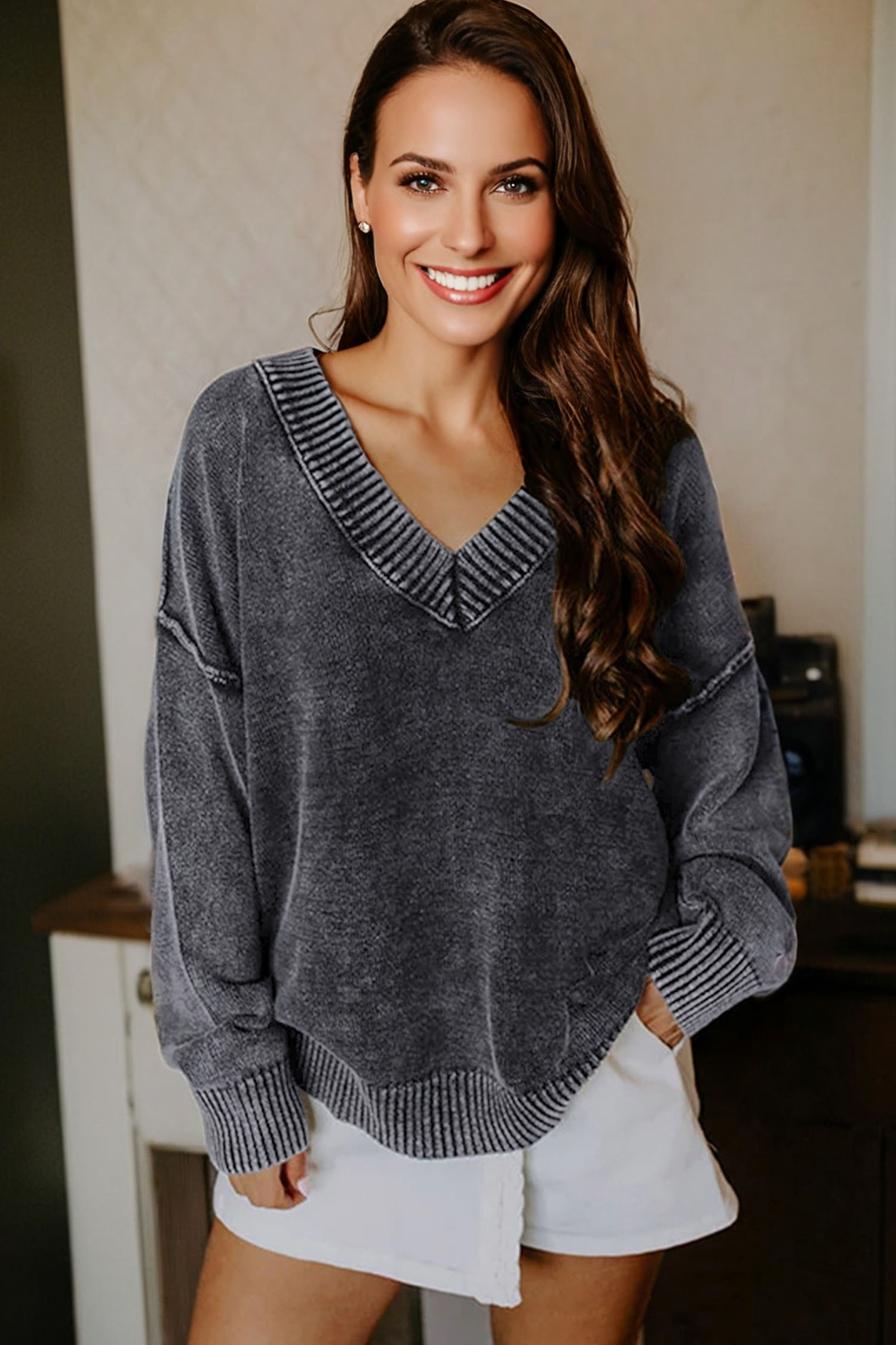 Black Mineral Wash V Neck Knit Exposed Seam Drop Shoulder Loose Sweater view 9