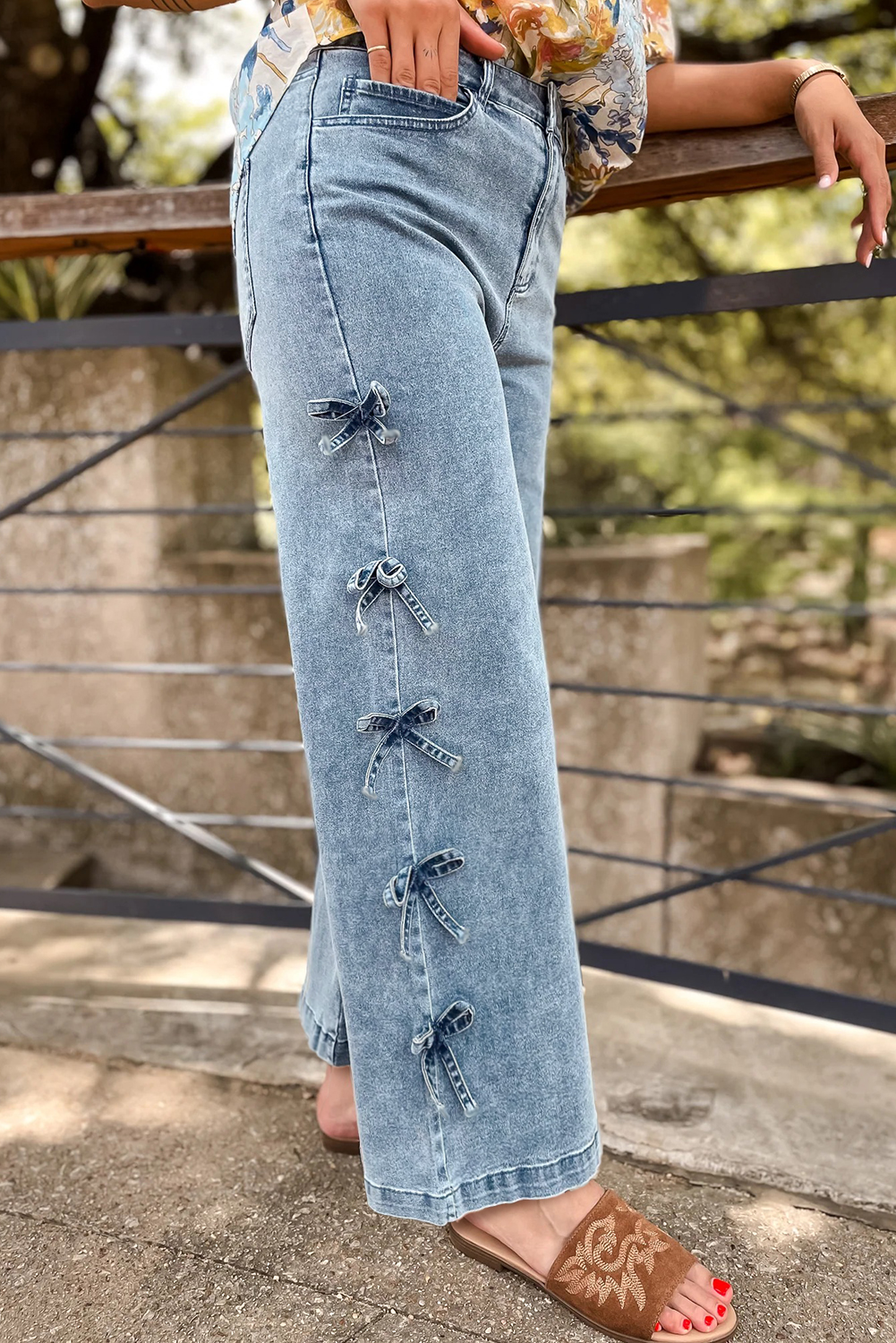 Beau Blue Bow Knot Side Detail Straight Leg Loose Jeans view 9