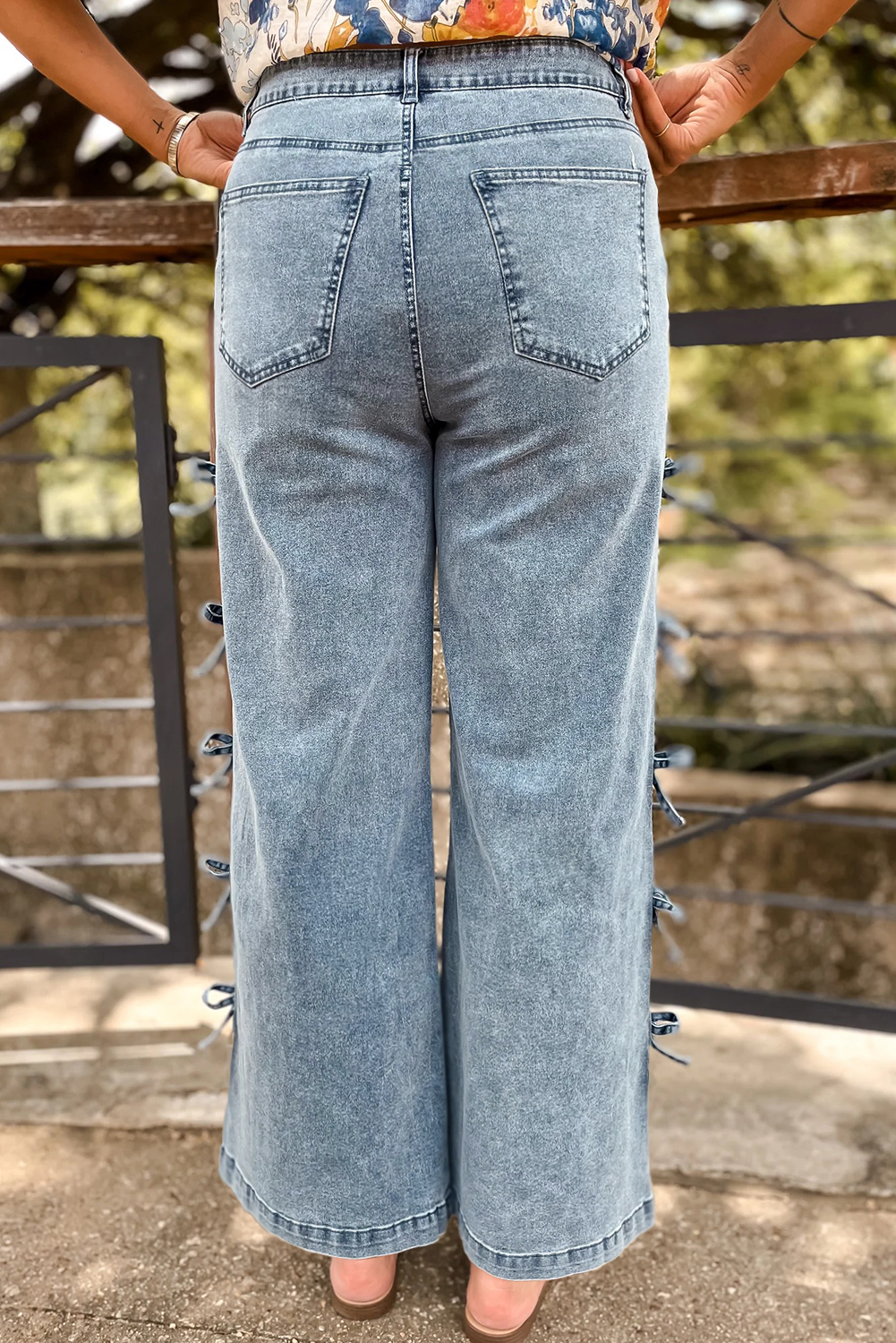 Beau Blue Bow Knot Side Detail Straight Leg Loose Jeans view 8