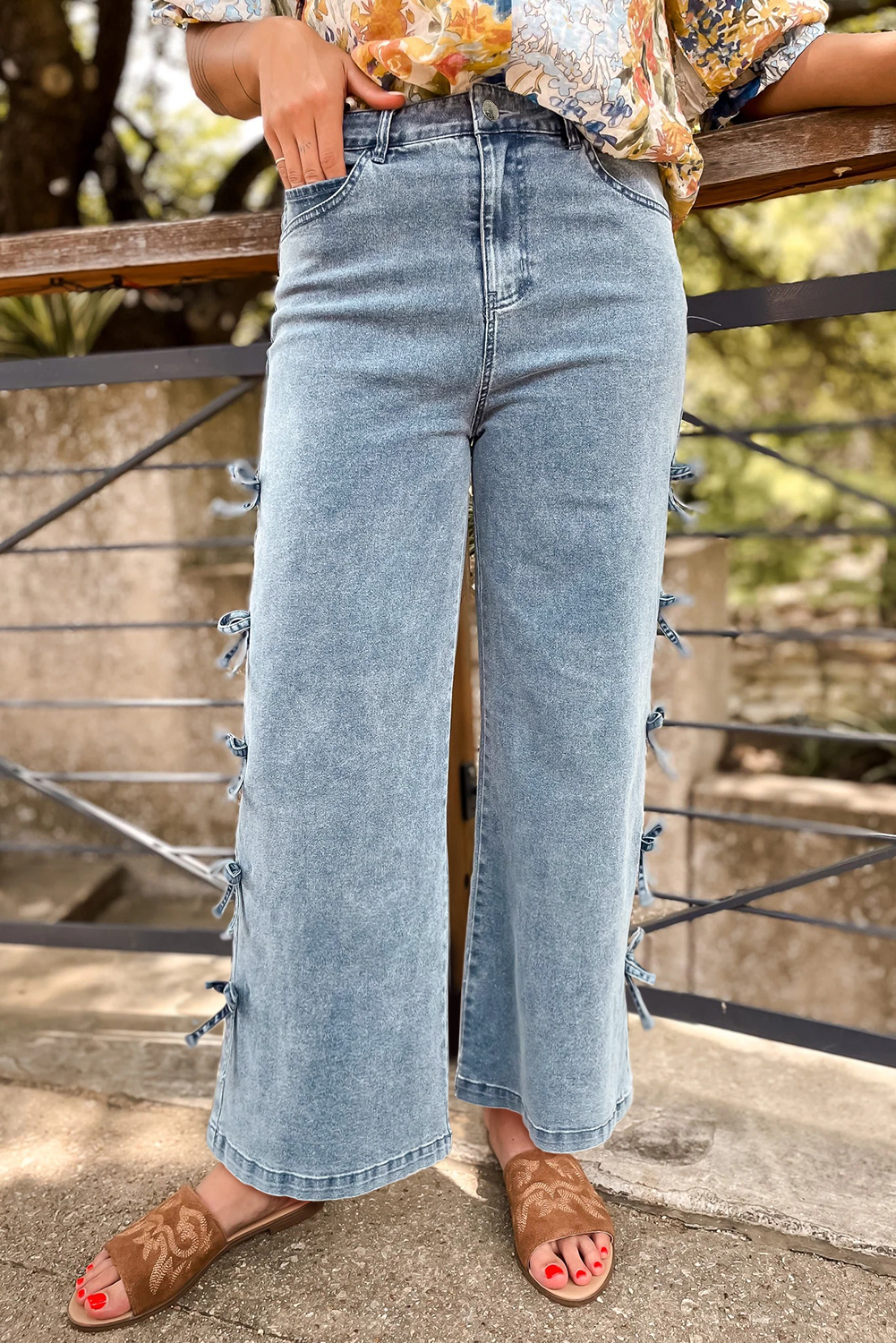 Beau Blue Bow Knot Side Detail Straight Leg Loose Jeans view 12