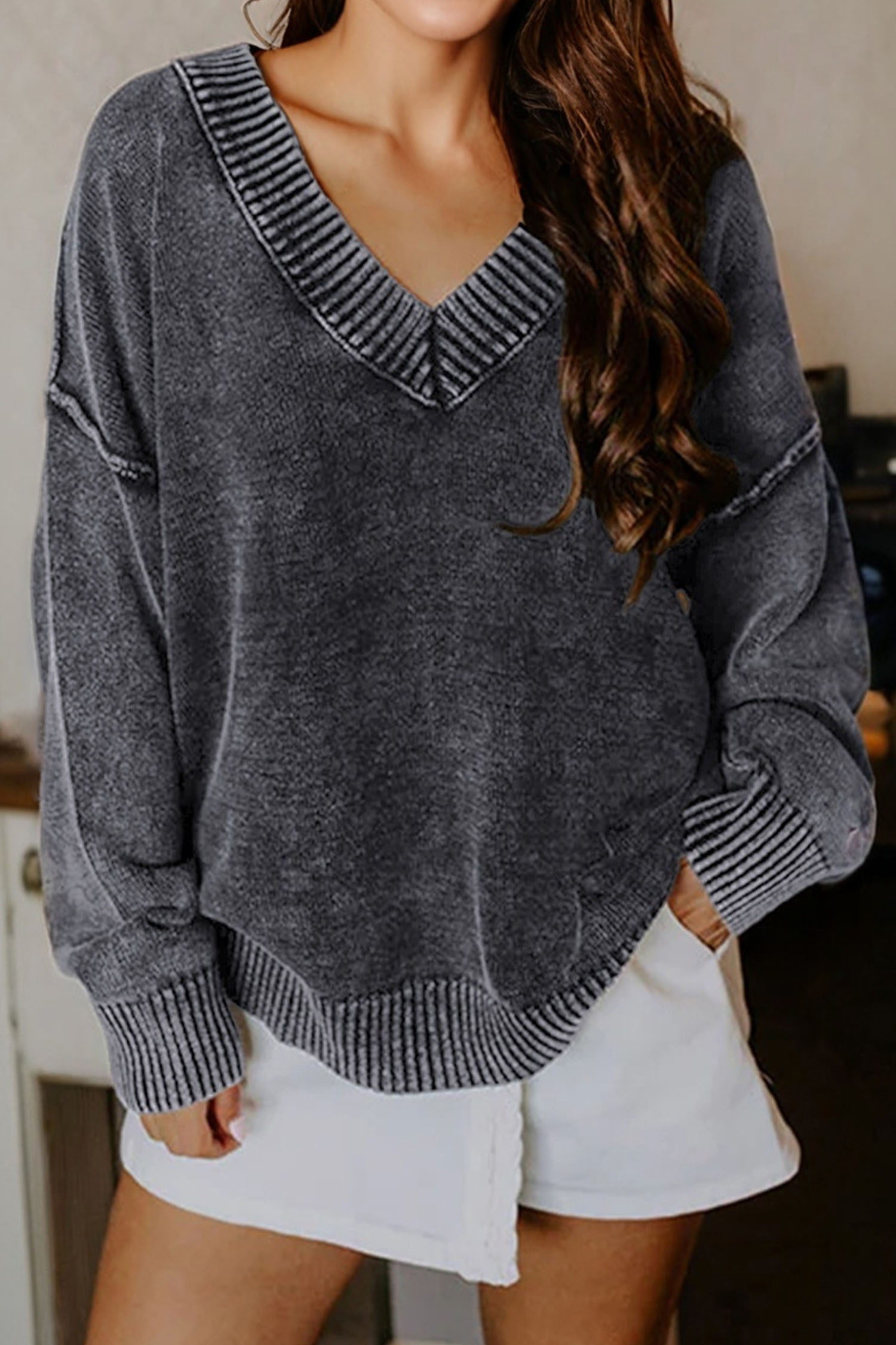 Black Mineral Wash V Neck Knit Exposed Seam Drop Shoulder Loose Sweater view 6