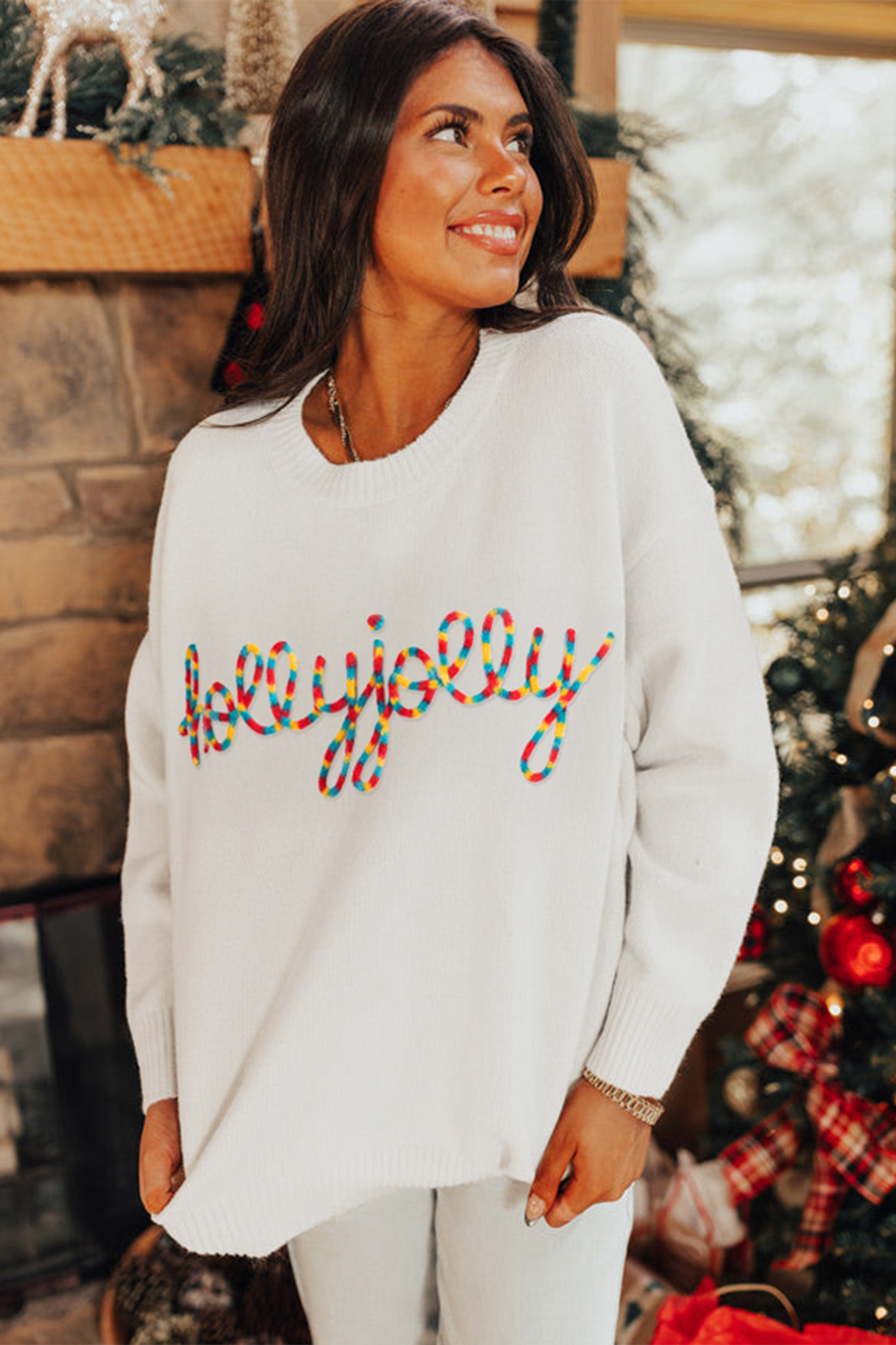Beige Colorful Holly Jolly Christmas Knit Loose Sweater view 11