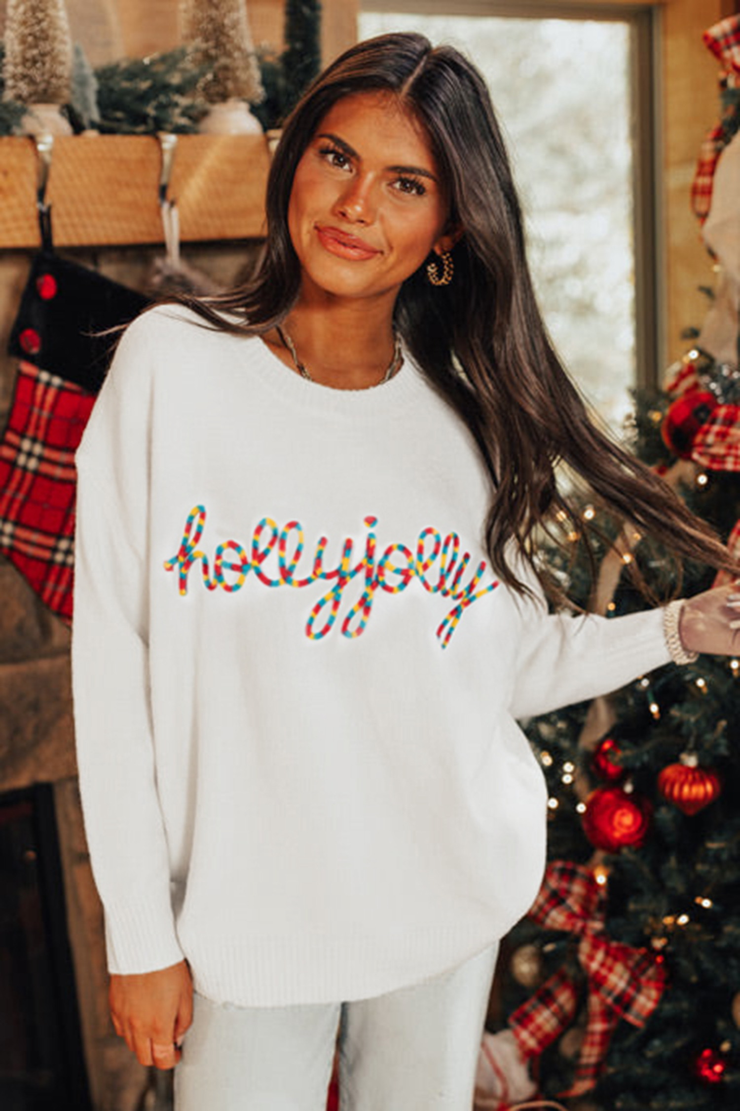 Beige Colorful Holly Jolly Christmas Knit Loose Sweater view 10