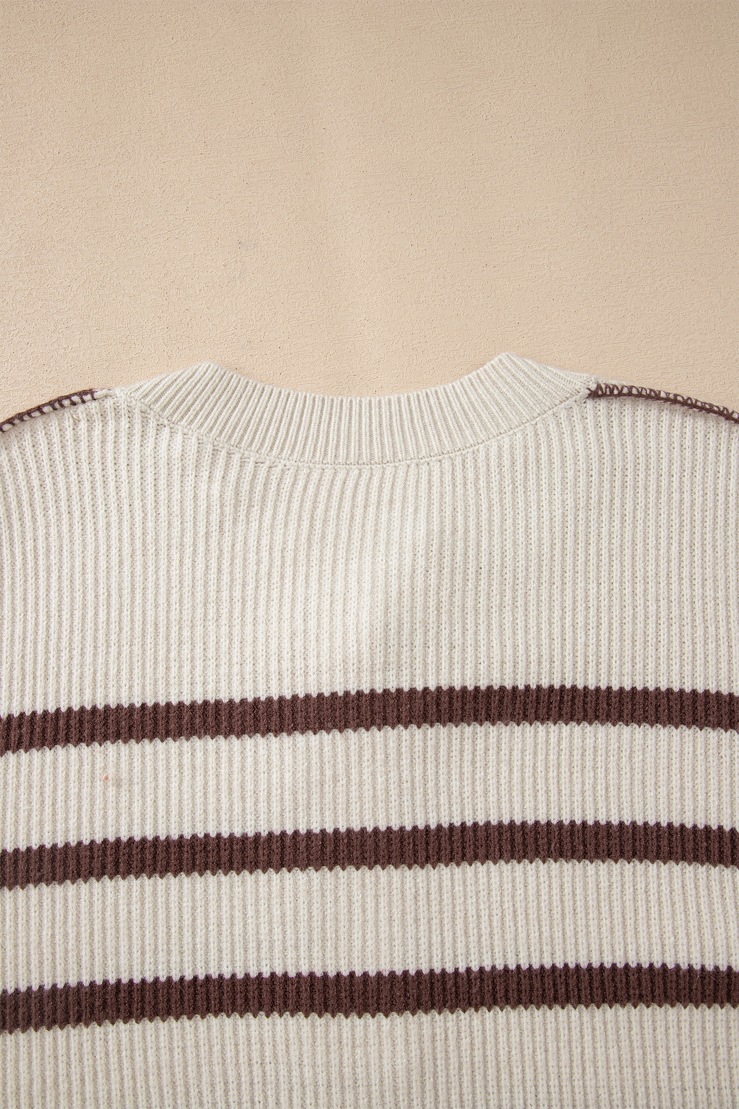 Brown Stripe Ribbed Henley Drop Shoulder Slouchy Sweater view 16