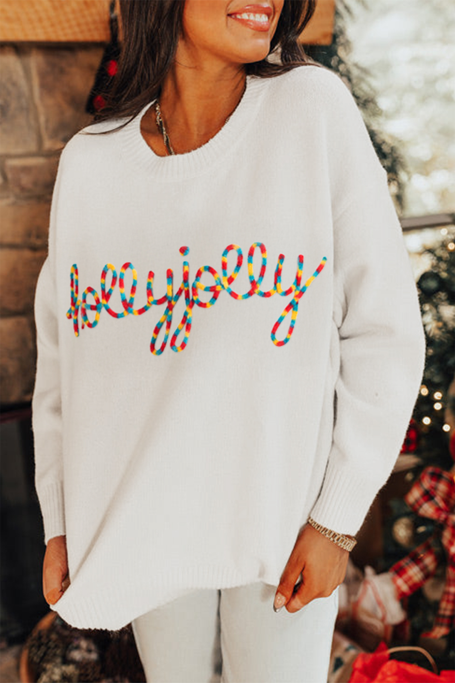 Beige Colorful Holly Jolly Christmas Knit Loose Sweater view 9