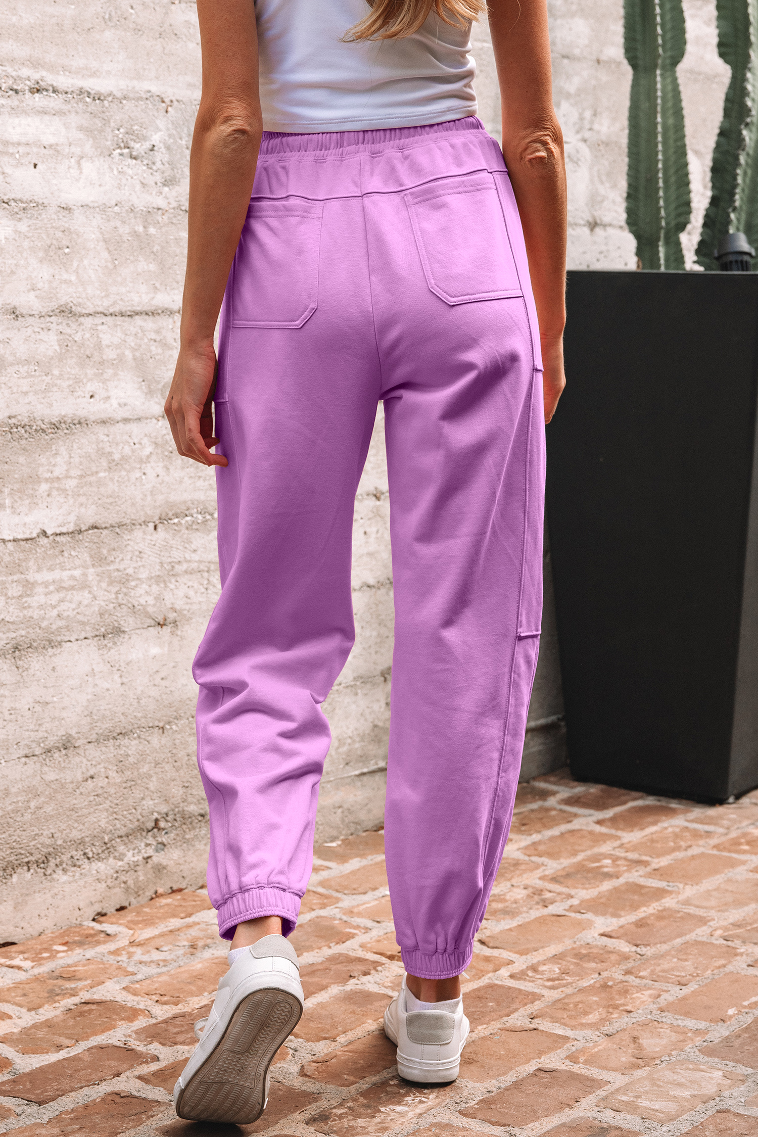 Lilac Drawstring Elastic Waistband Solid Color Jogger Pants view 2