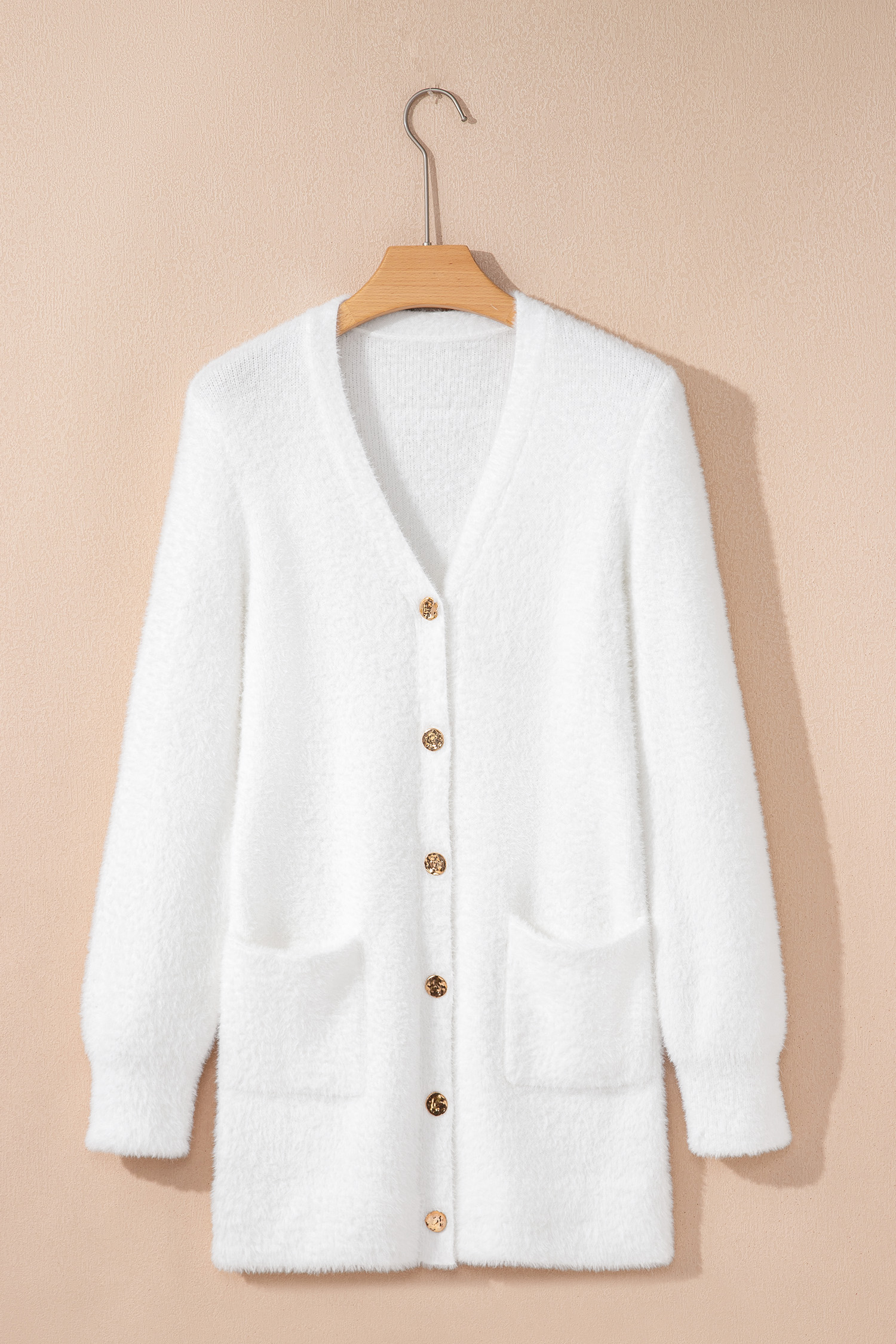 White Fuzzy Buttoned Front Midi Solid Cardigan view 5