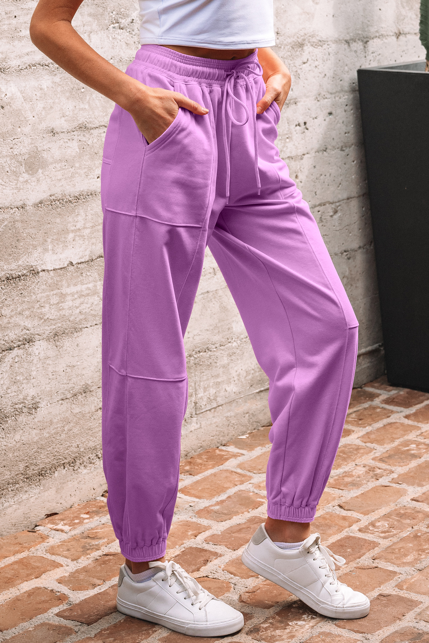 Lilac Drawstring Elastic Waistband Solid Color Jogger Pants view 7