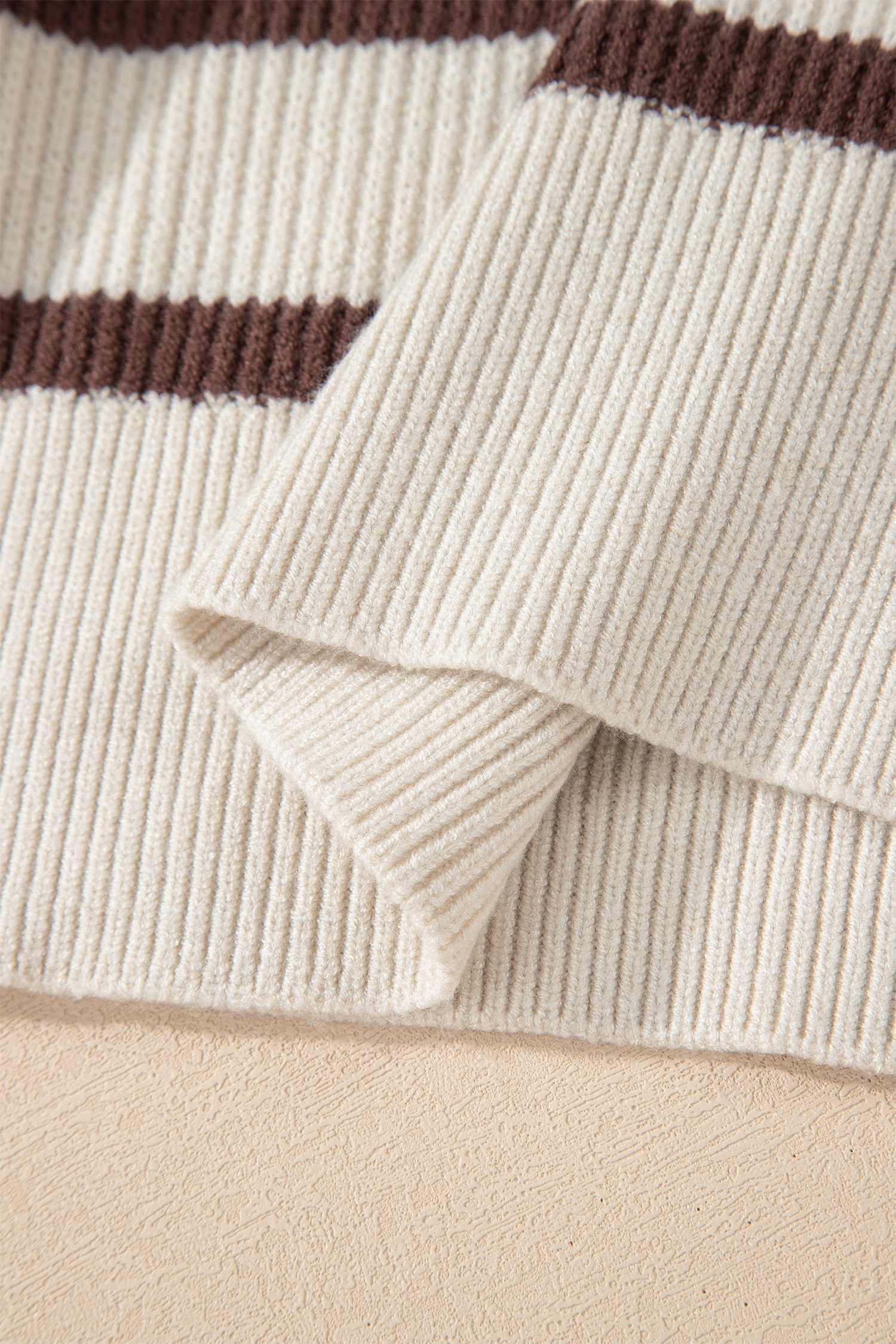 Brown Stripe Ribbed Henley Drop Shoulder Slouchy Sweater view 17