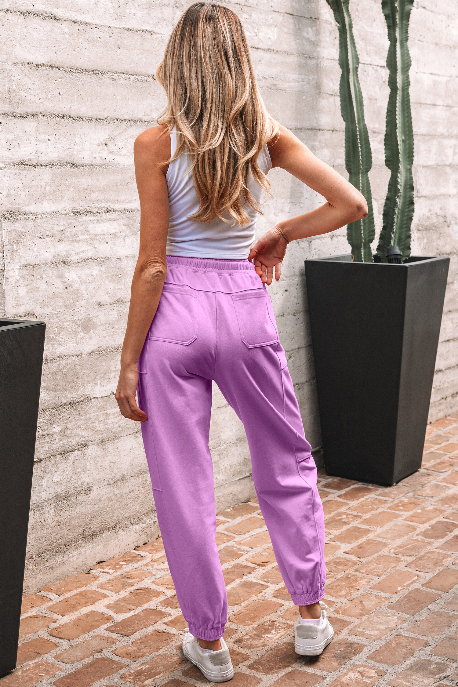 Lilac Drawstring Elastic Waistband Solid Color Jogger Pants view 6