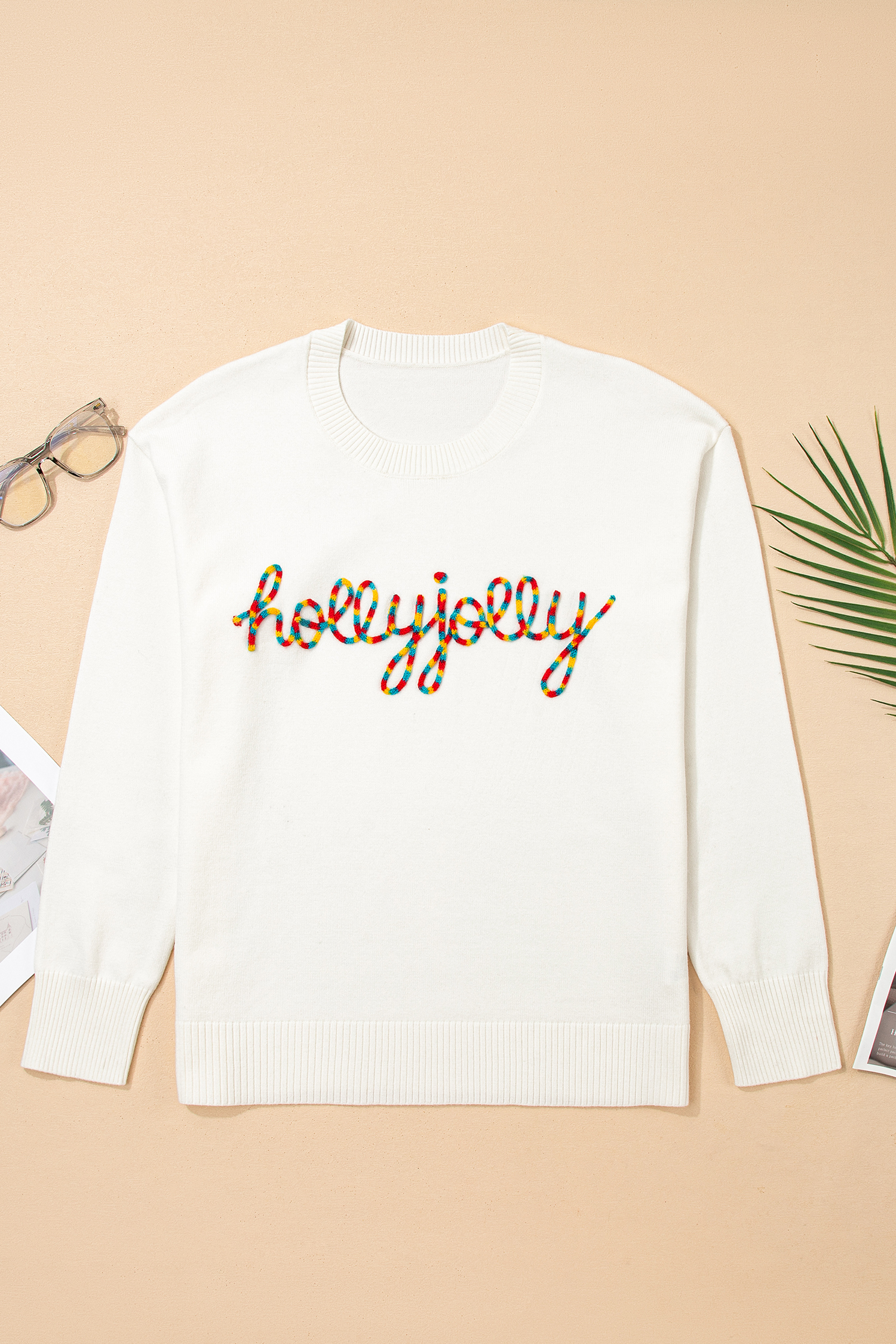 Beige Colorful Holly Jolly Christmas Knit Loose Sweater view 12
