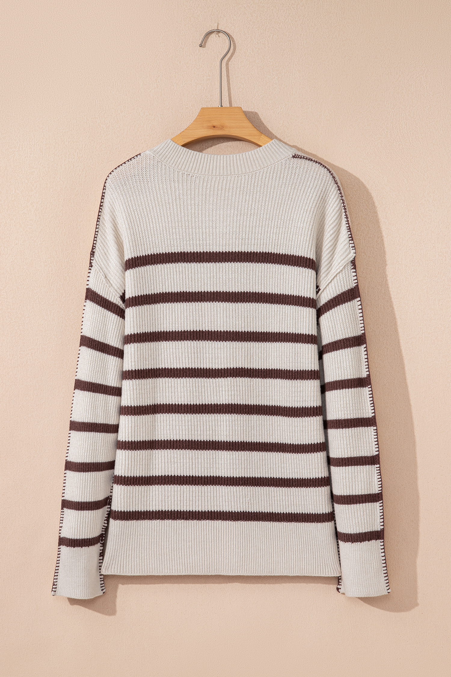 Brown Stripe Ribbed Henley Drop Shoulder Slouchy Sweater view 15