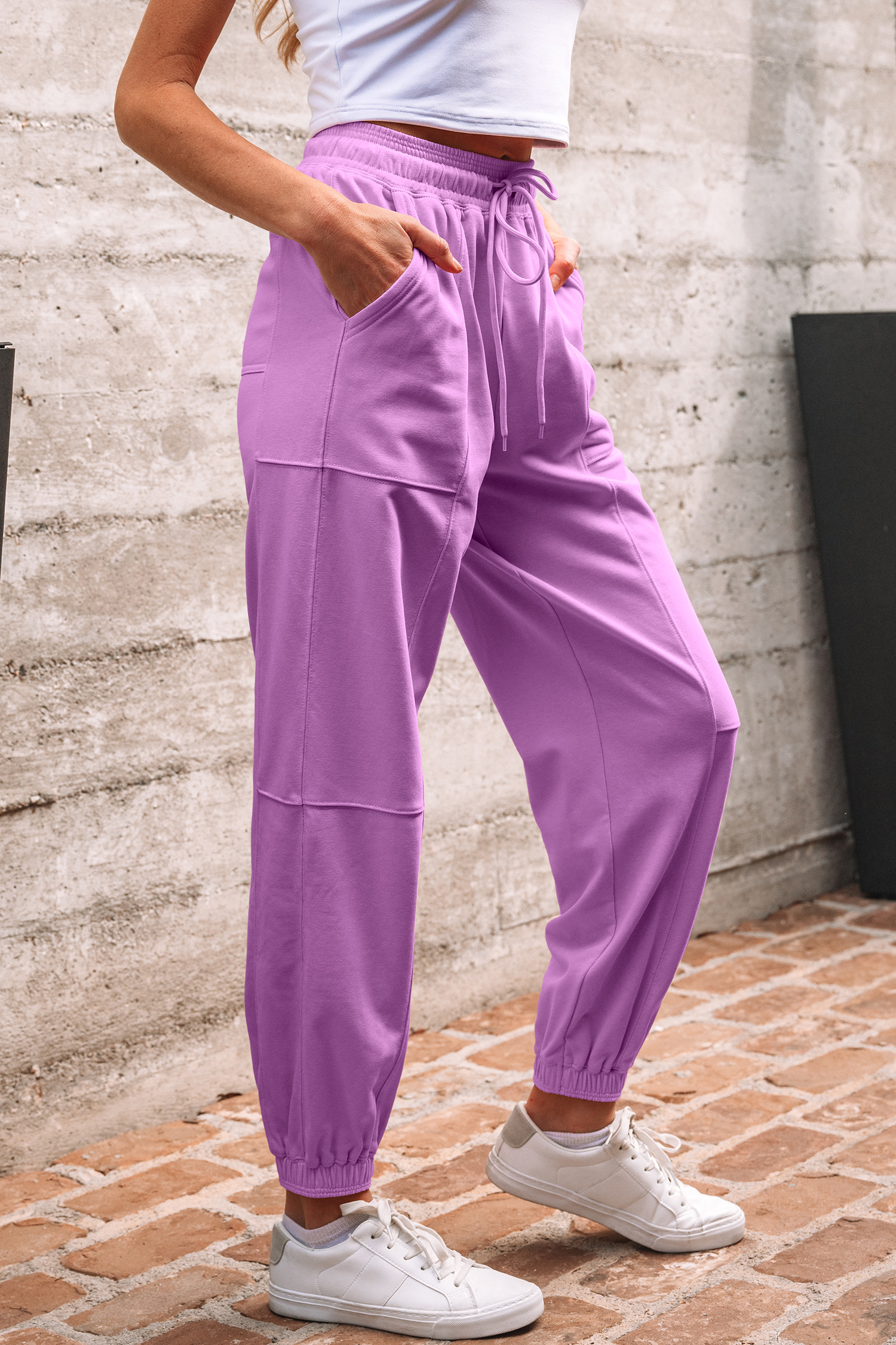 Lilac Drawstring Elastic Waistband Solid Color Jogger Pants view 3