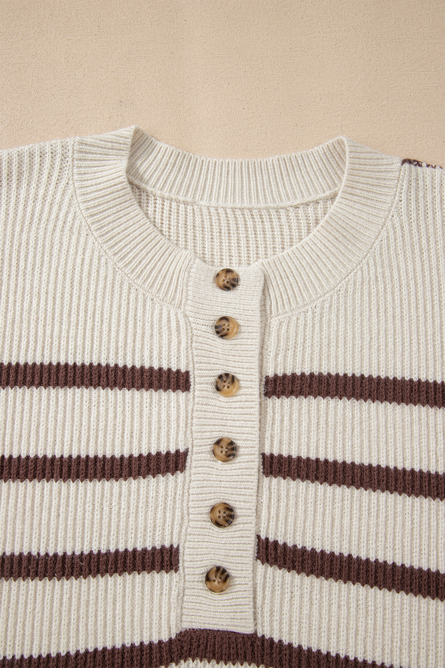 Brown Stripe Ribbed Henley Drop Shoulder Slouchy Sweater view 20