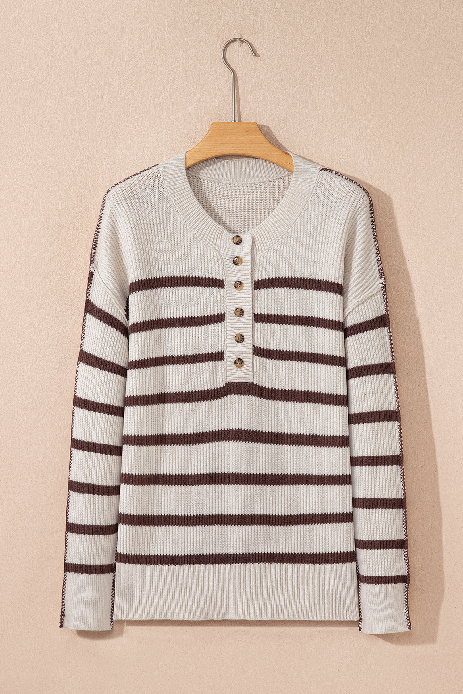 Brown Stripe Ribbed Henley Drop Shoulder Slouchy Sweater view 14