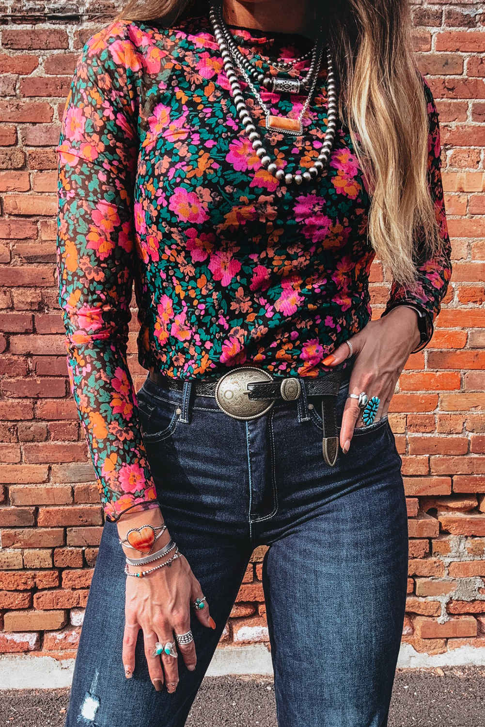 Rose Floral Print Slim Fit Mesh Long Sleeve Mock Neck Top view 12