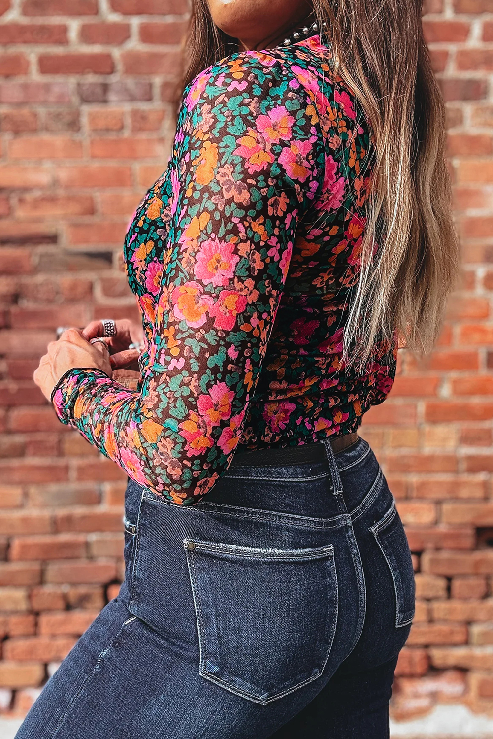 Rose Floral Print Slim Fit Mesh Long Sleeve Mock Neck Top view 9