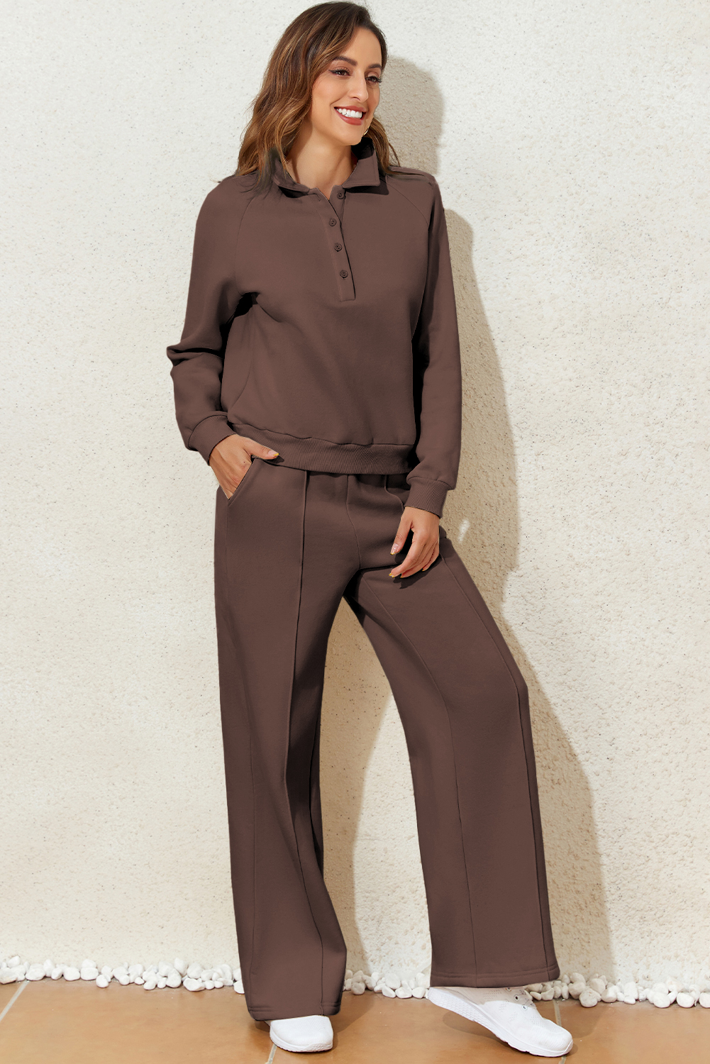 Dark Brown Solid Collared Sweatshirt and High Waist Pants Active Set view 10