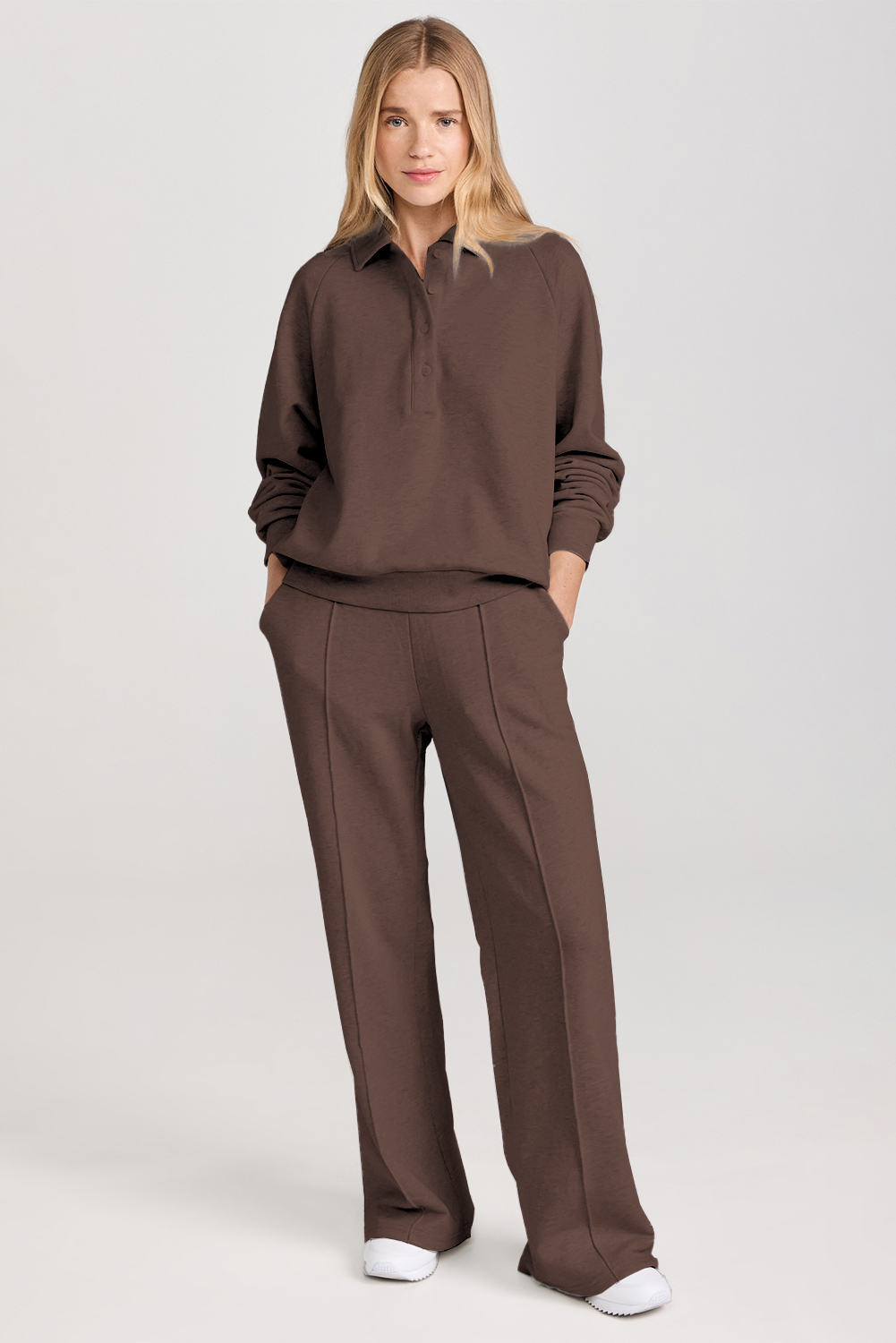 Dark Brown Solid Collared Sweatshirt and High Waist Pants Active Set view 8