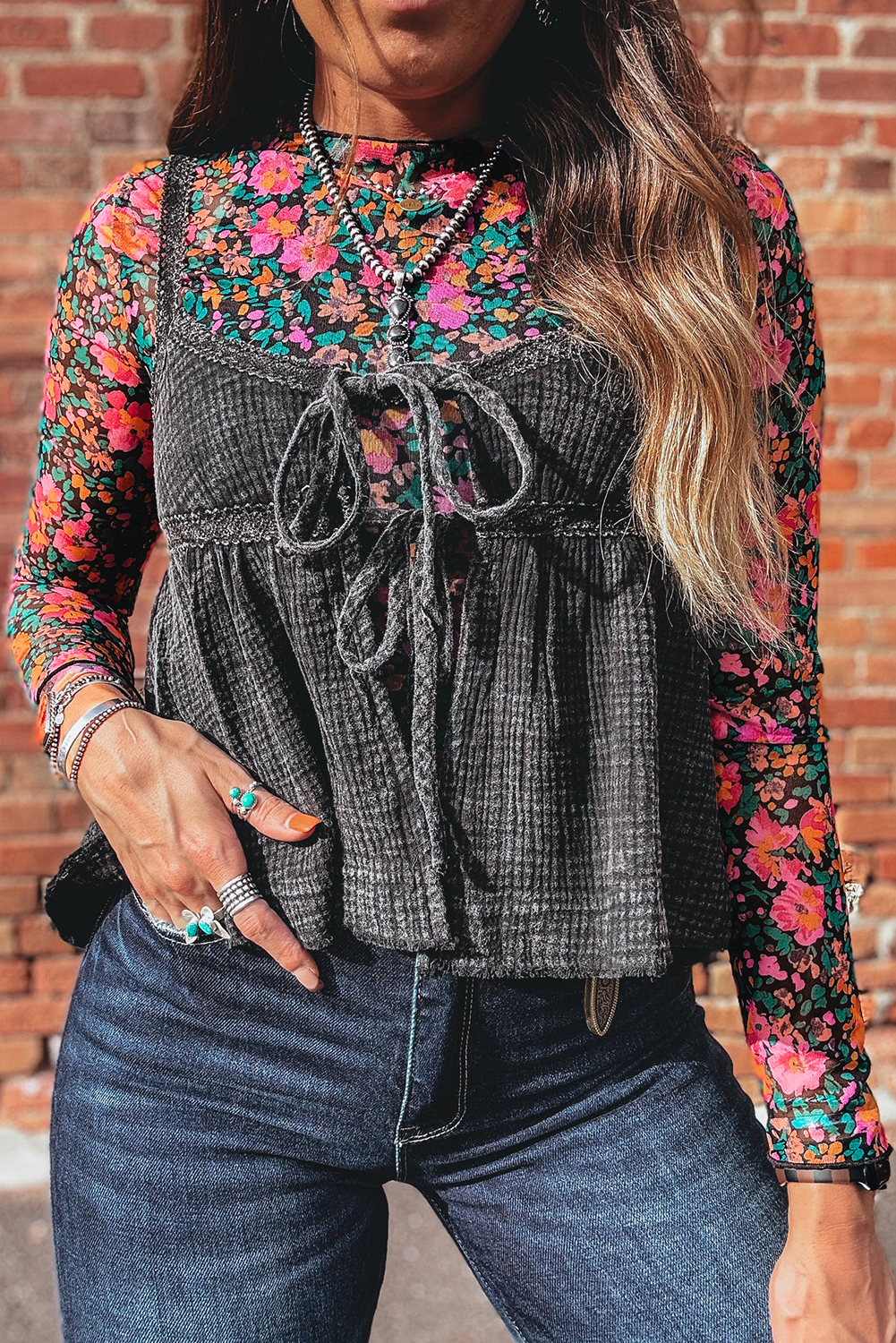Rose Floral Print Slim Fit Mesh Long Sleeve Mock Neck Top view 10