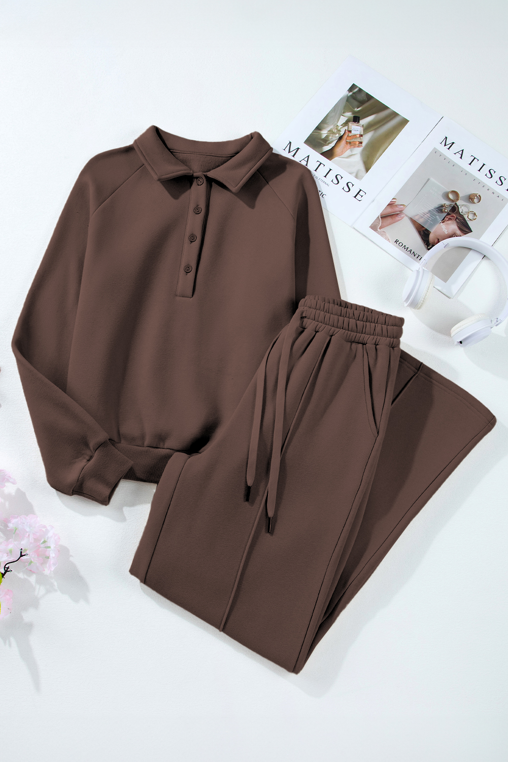 Dark Brown Solid Collared Sweatshirt and High Waist Pants Active Set view 13