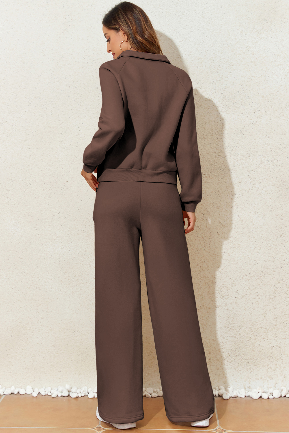 Dark Brown Solid Collared Sweatshirt and High Waist Pants Active Set view 3