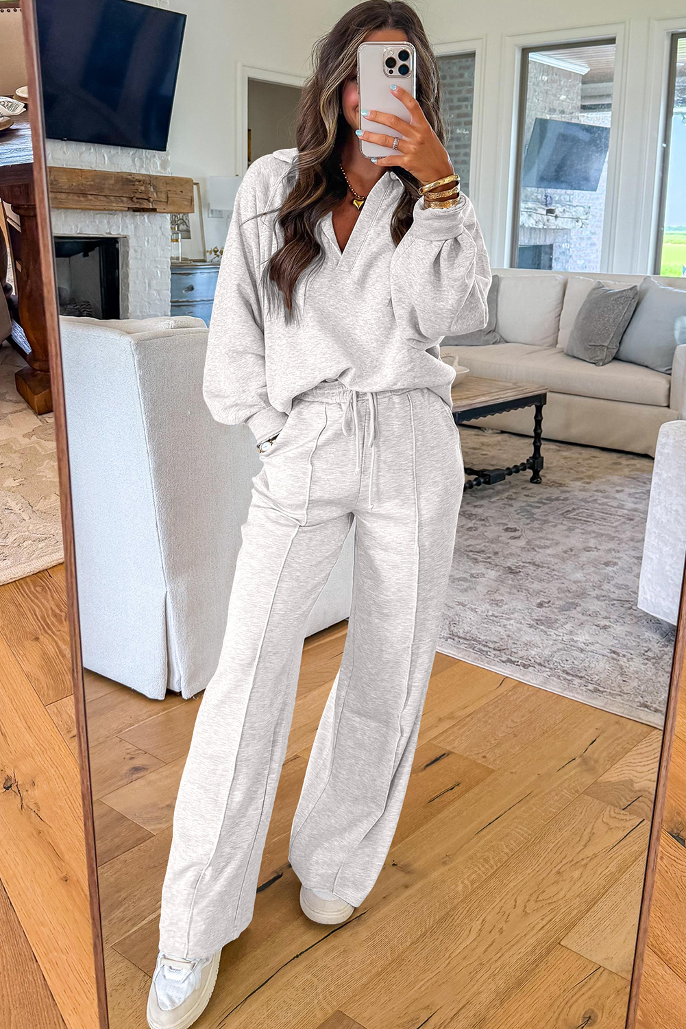 Light Grey Polo Collar V Neck Pullover and Drawstring Sweatpants Set view 10