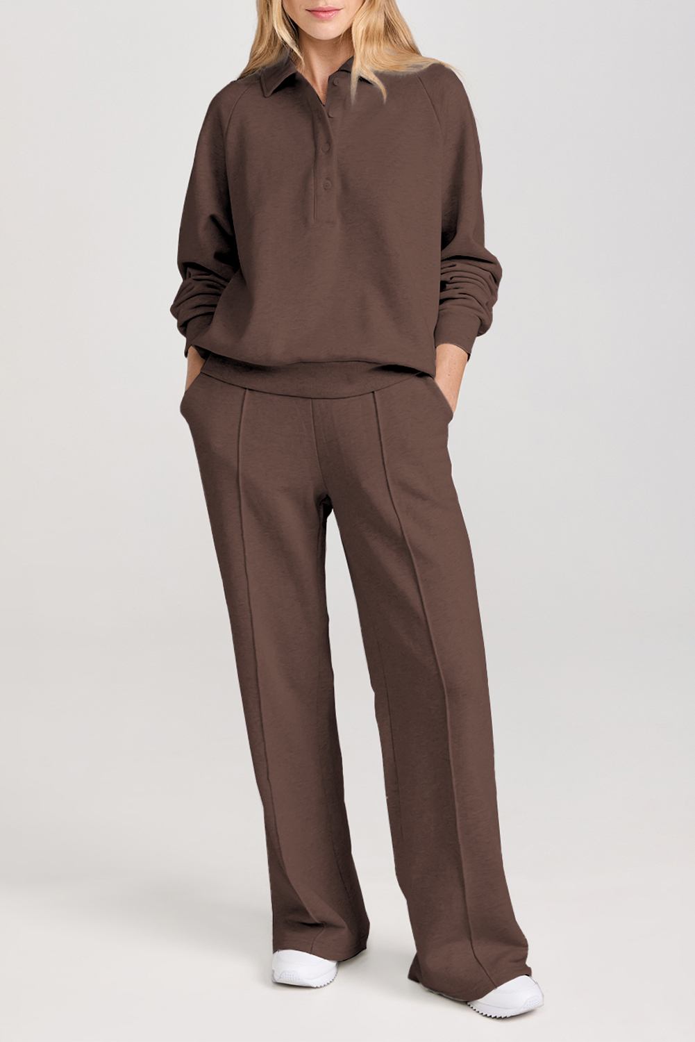 Dark Brown Solid Collared Sweatshirt and High Waist Pants Active Set view 2