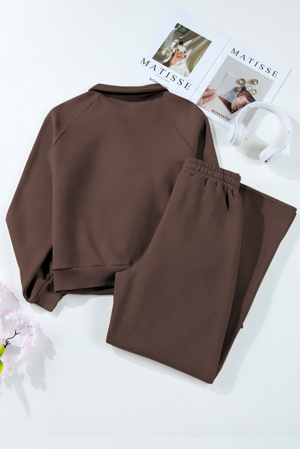 Dark Brown Solid Collared Sweatshirt and High Waist Pants Active Set view 14
