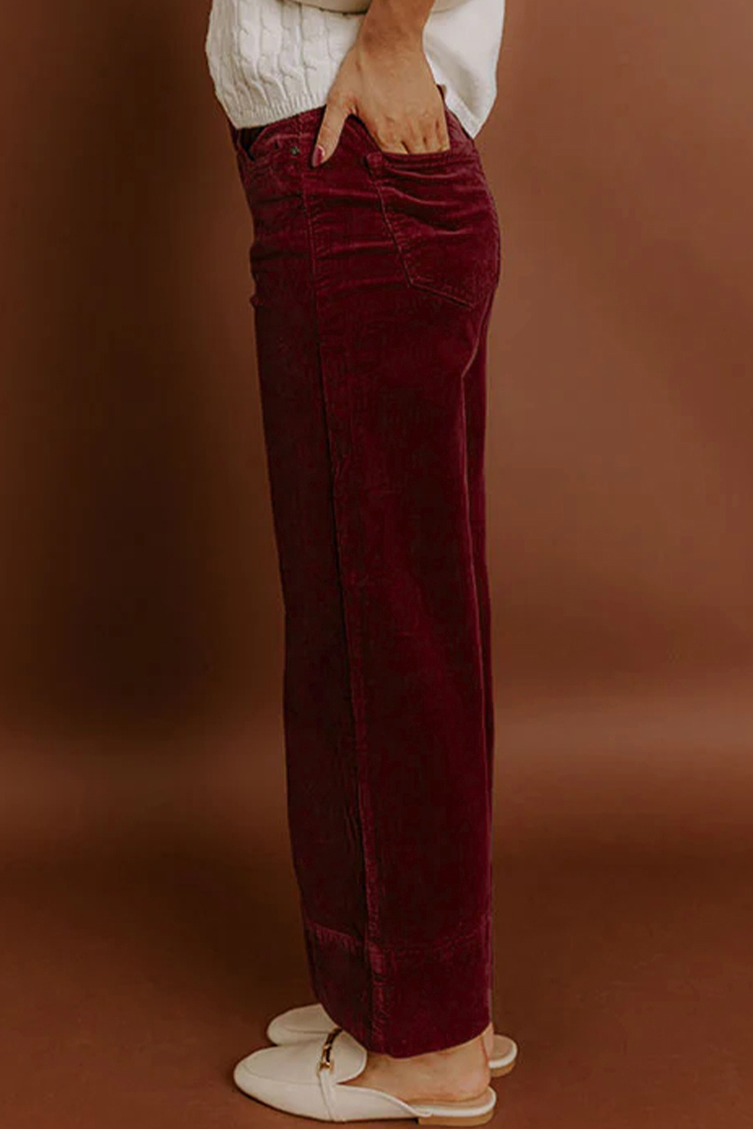 Burgundy Corduroy Solid Color High Waist Wide Leg Pants view 3