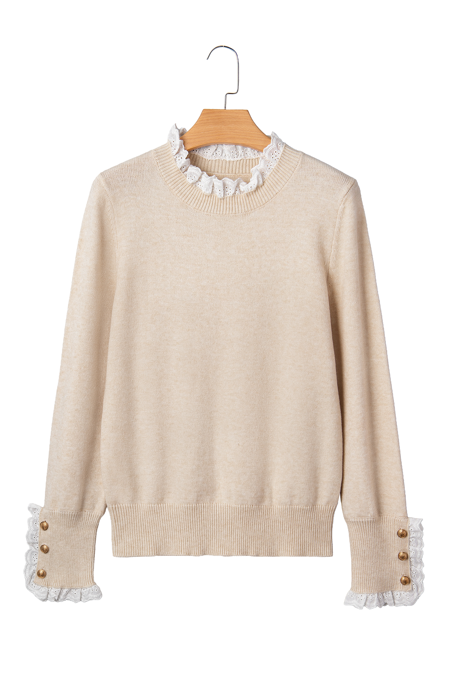 Jet Stream Lace Trim Patchwork Buttoned Cuffs Loose Sweater view 25