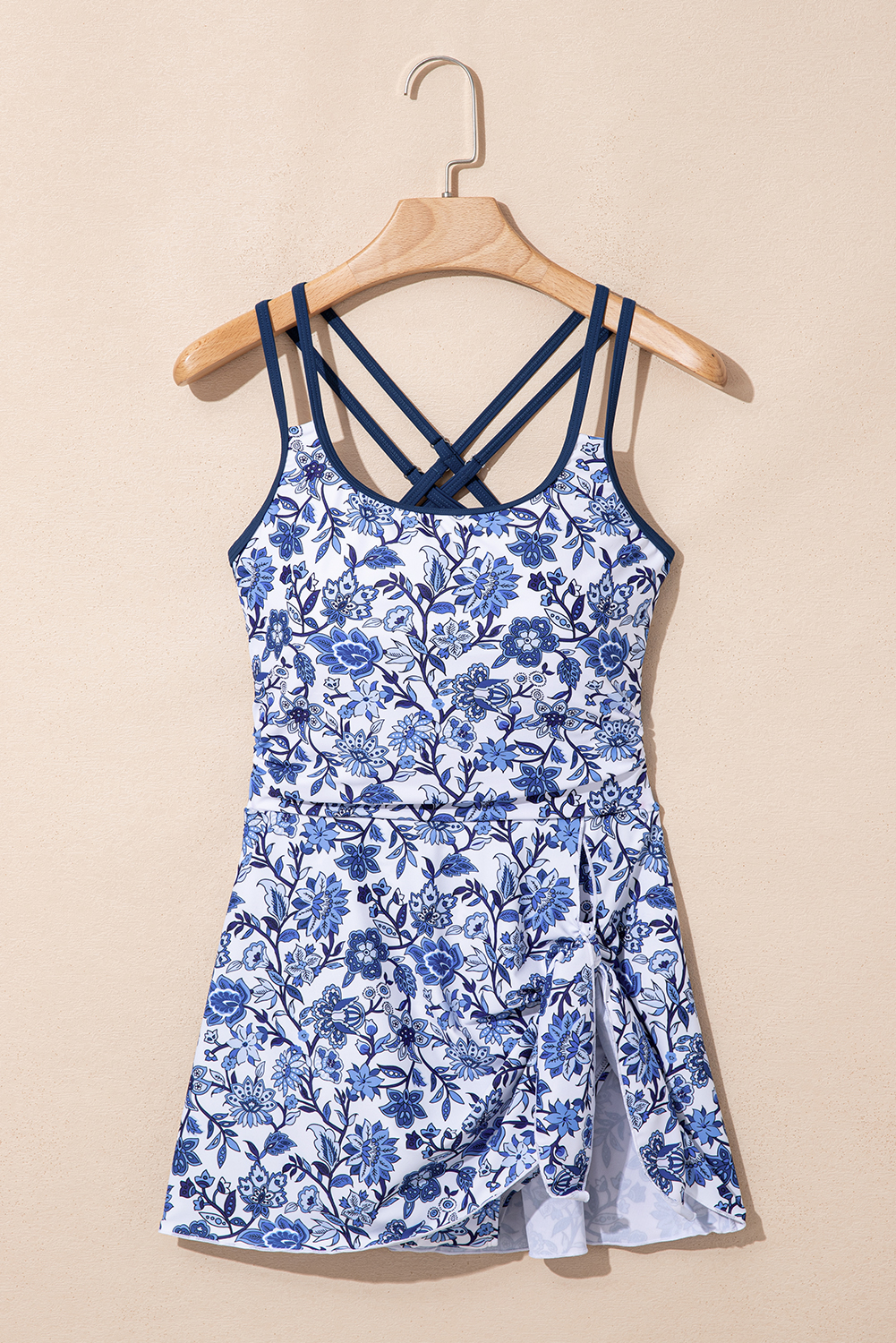 Sky Blue Crossed Back Floral Print Asymmetric Knot Side One Piece Swimsuit view 6