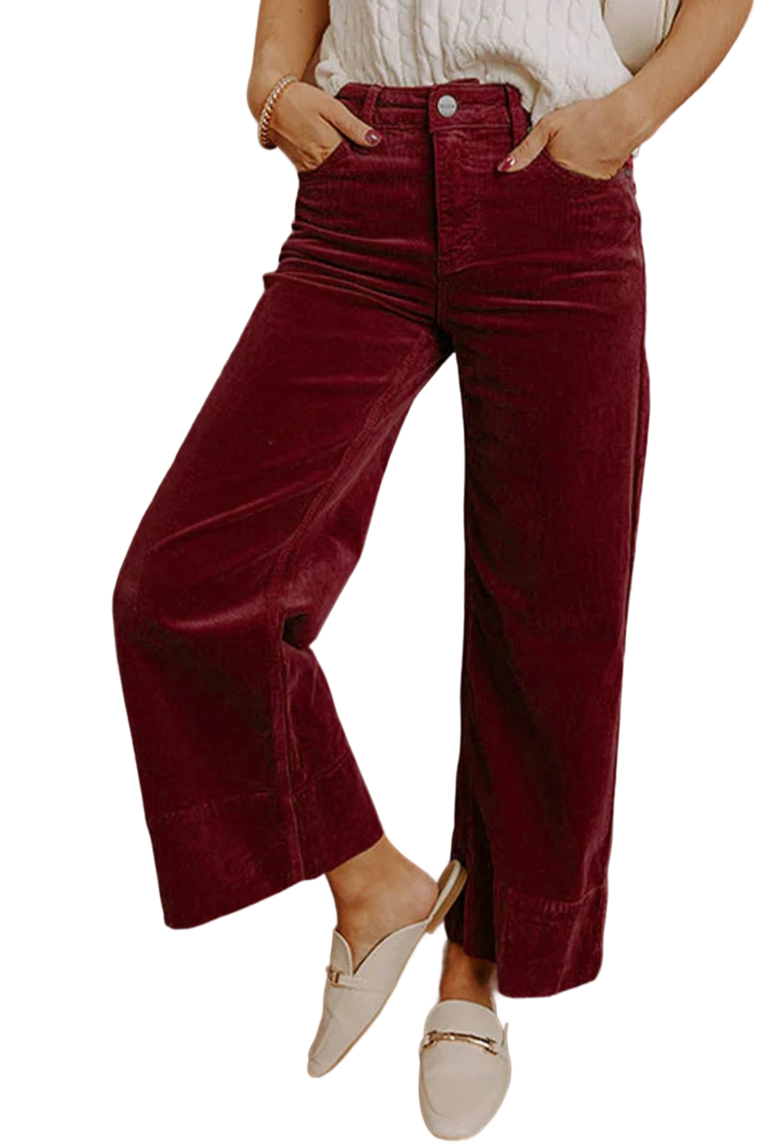 Burgundy Corduroy Solid Color High Waist Wide Leg Pants view 18