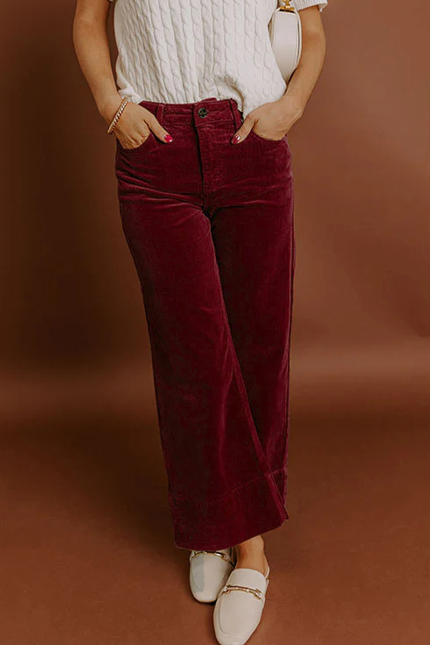 Burgundy Corduroy Solid Color High Waist Wide Leg Pants view 5