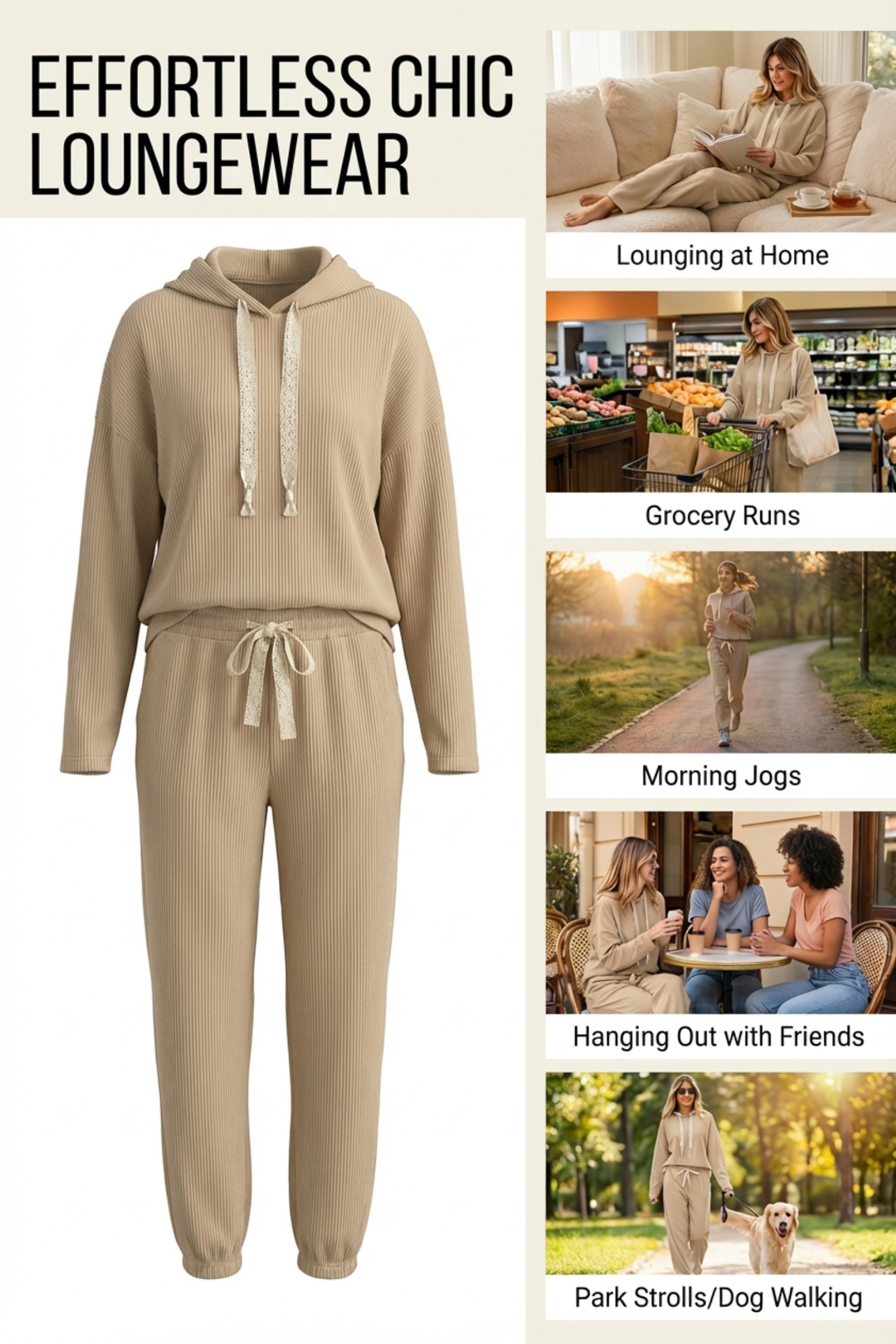 Jet Stream Lace Drawstring Pullover Hoodie and High Waist Pants Corduroy Suit view 4