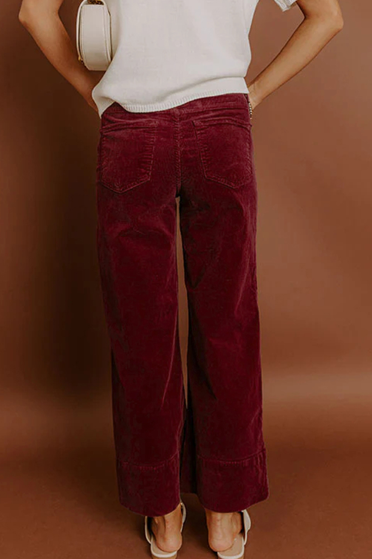 Burgundy Corduroy Solid Color High Waist Wide Leg Pants view 2