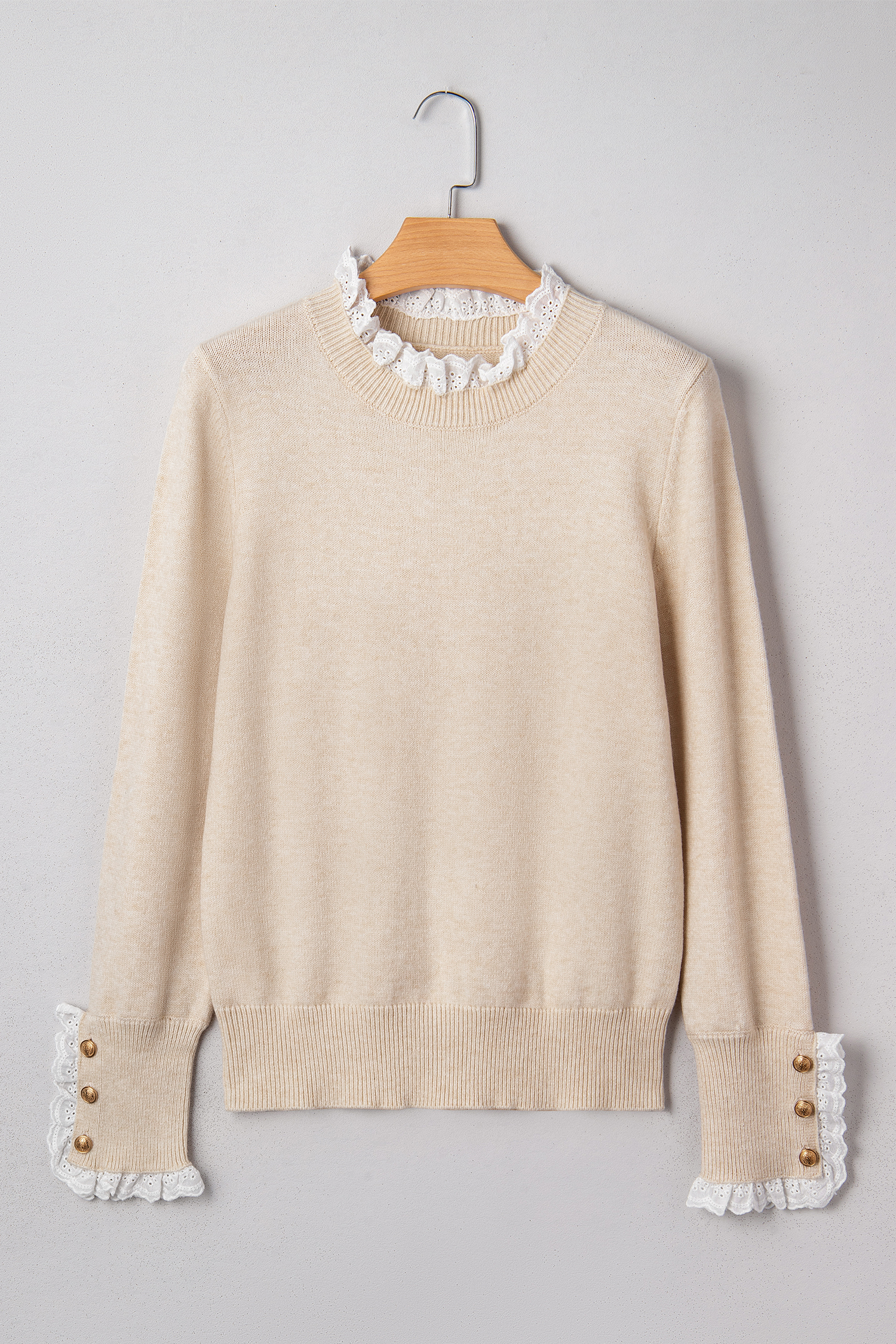 Jet Stream Lace Trim Patchwork Buttoned Cuffs Loose Sweater view 12