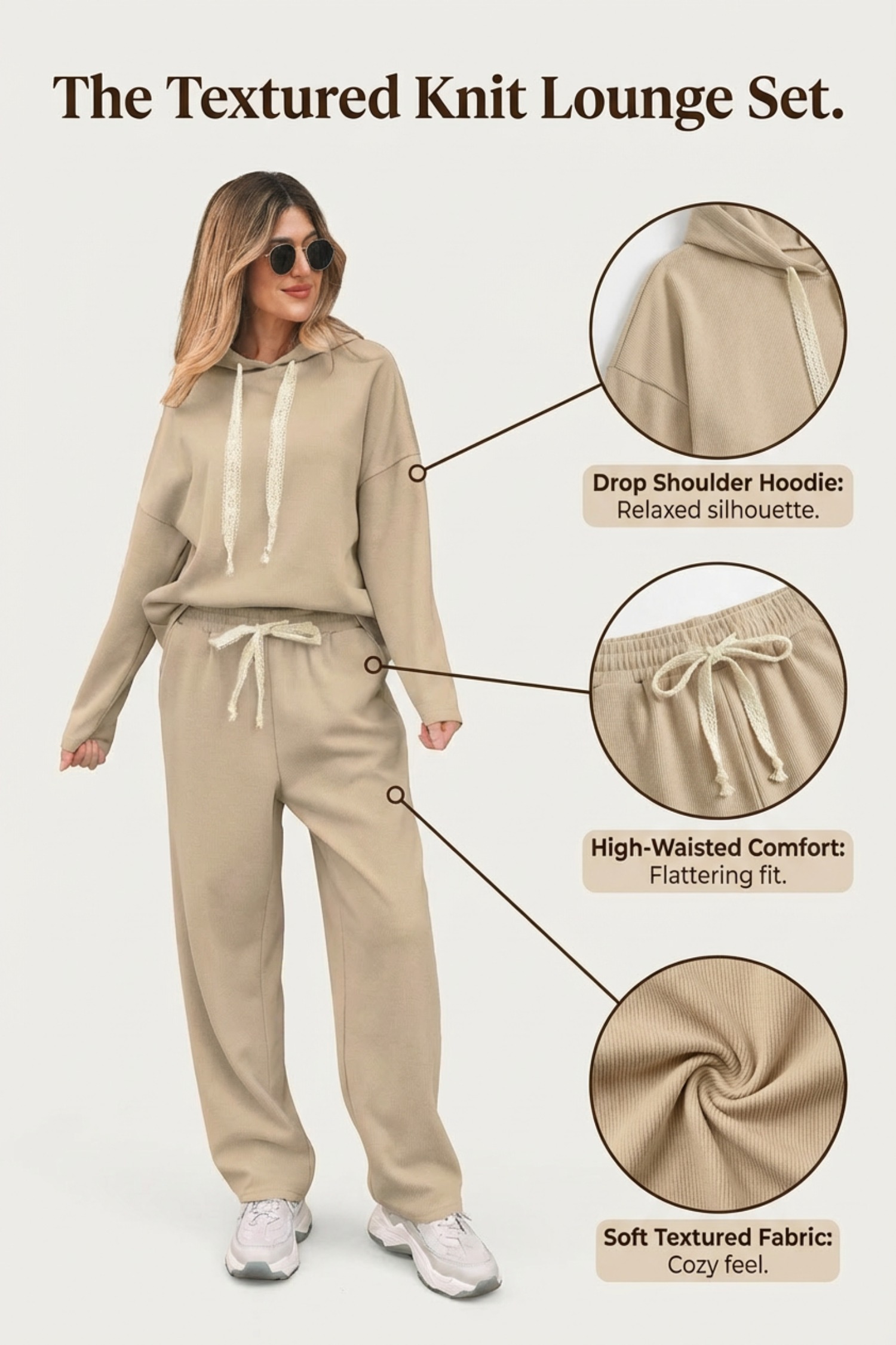 Jet Stream Lace Drawstring Pullover Hoodie and High Waist Pants Corduroy Suit view 3