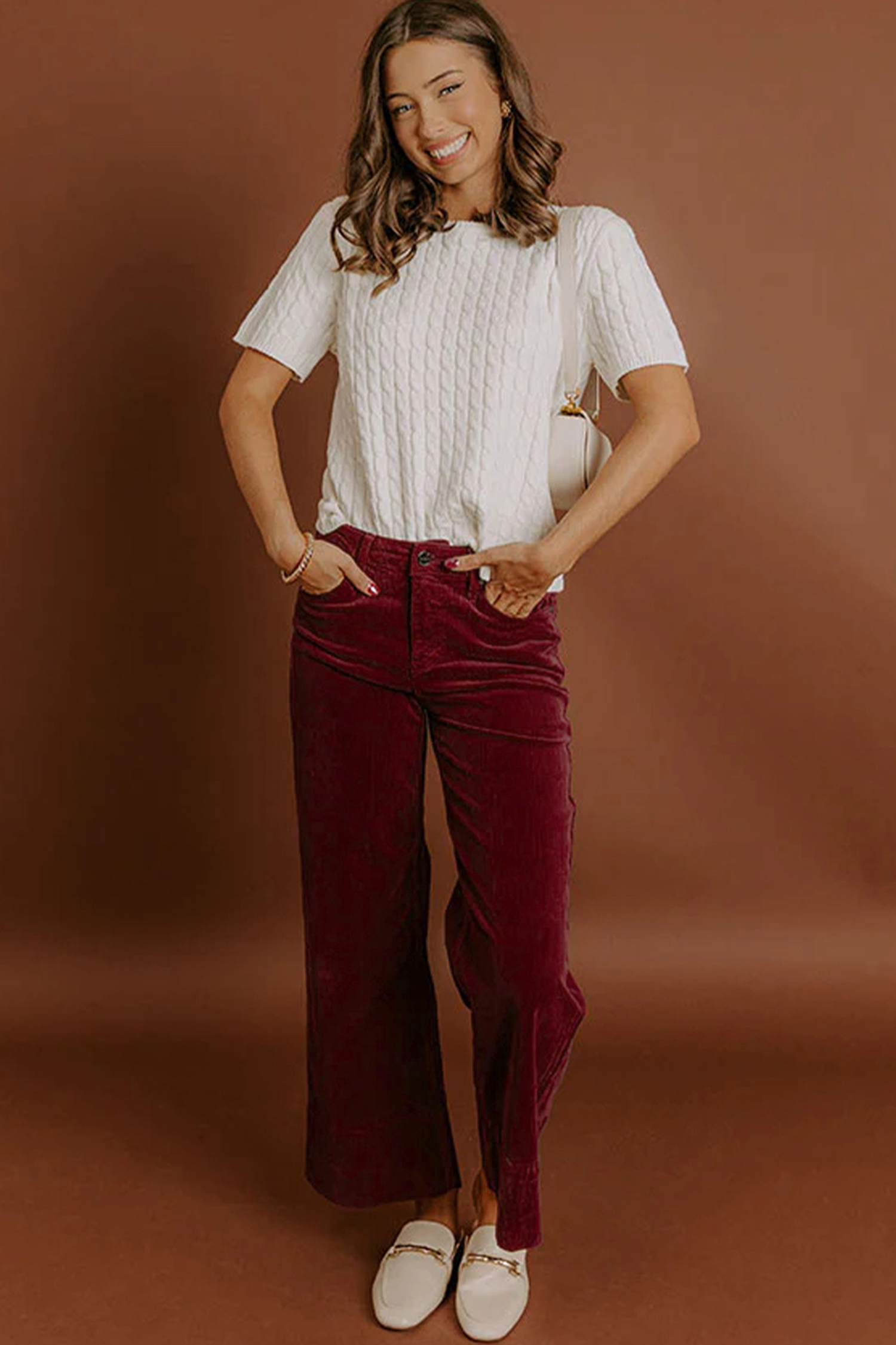 Burgundy Corduroy Solid Color High Waist Wide Leg Pants view 4
