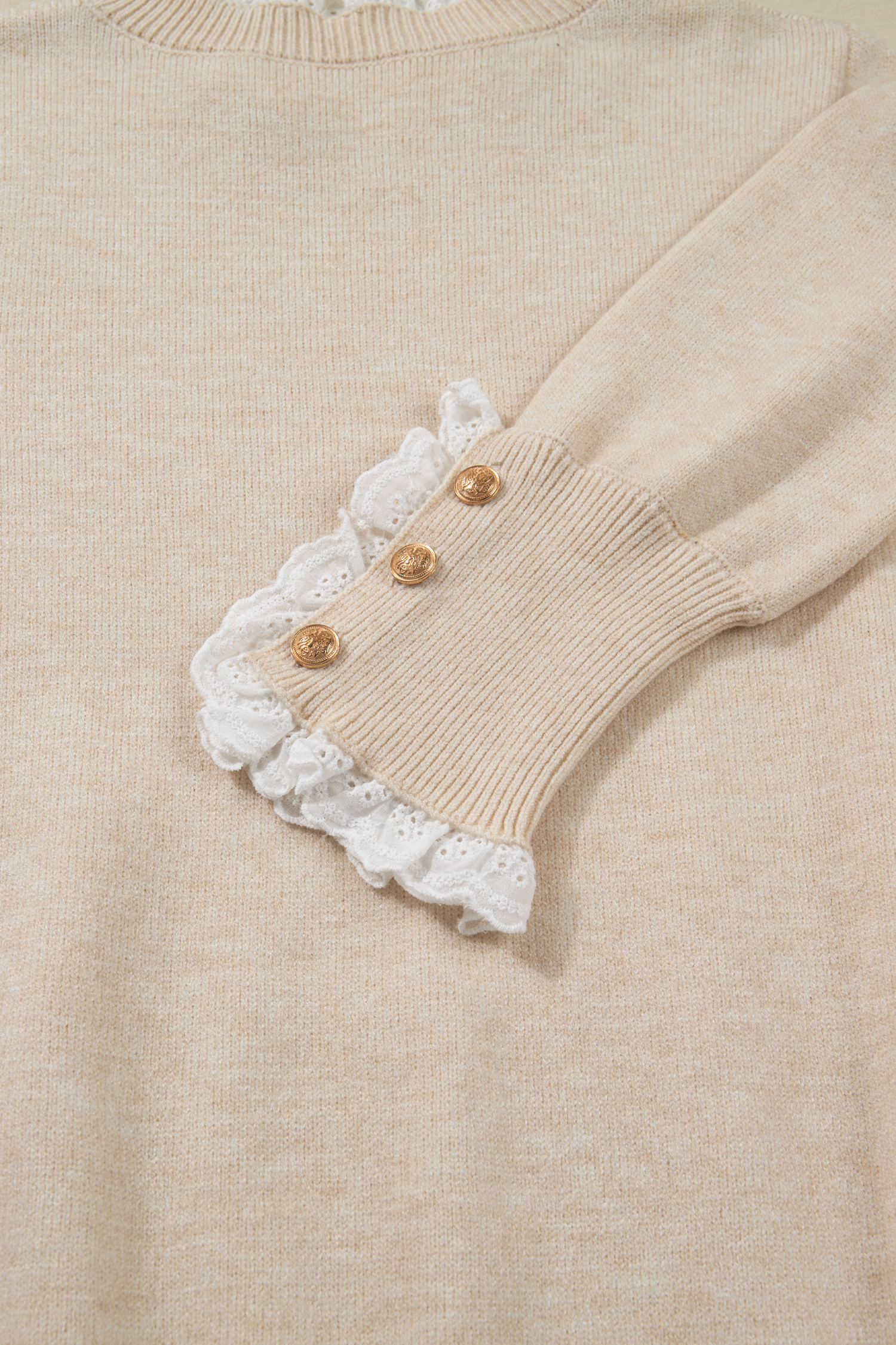 Jet Stream Lace Trim Patchwork Buttoned Cuffs Loose Sweater view 14