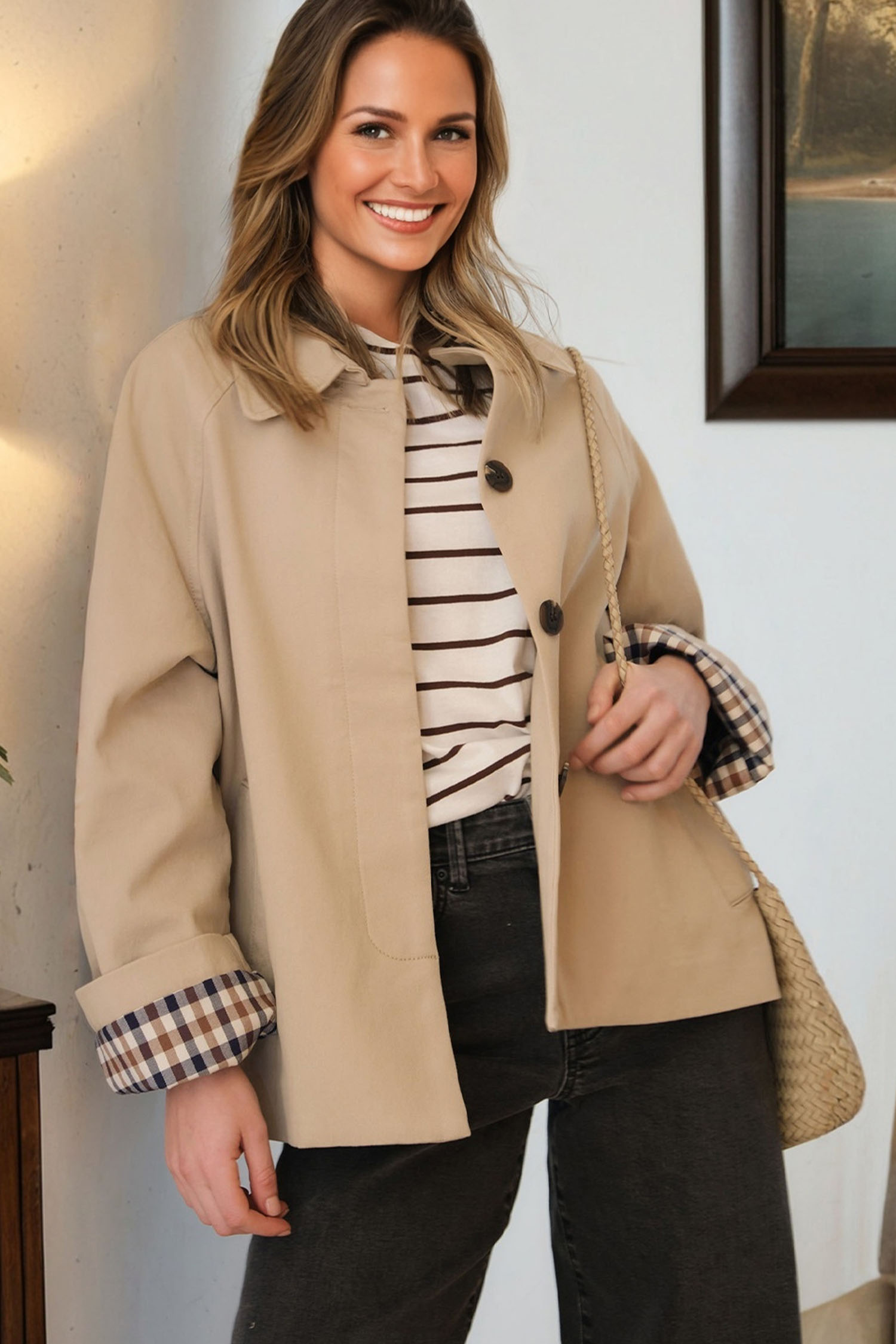 Parchment Plaid Liner Patchwork Single Breasted Trench Coat view 3