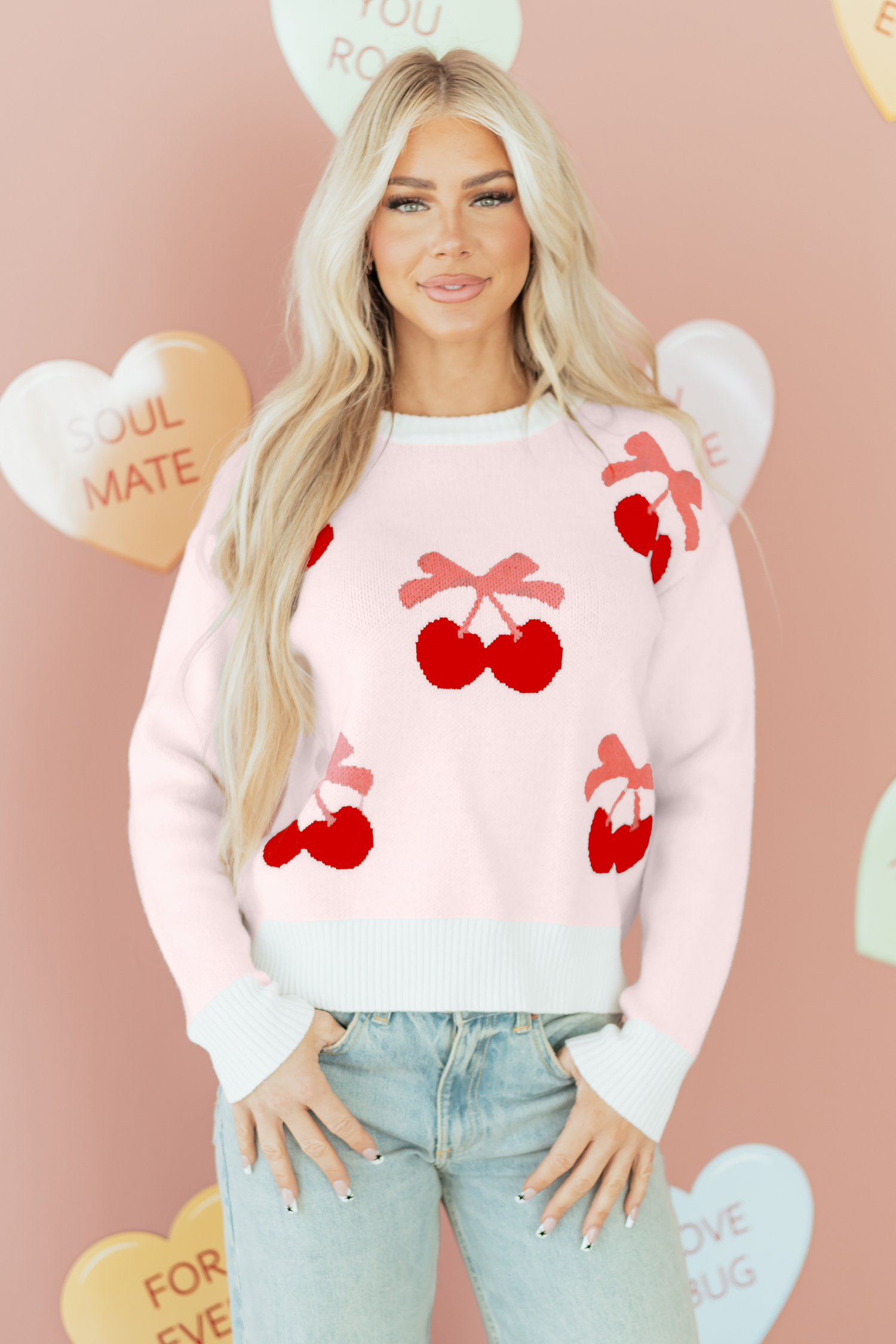 White Cherry Pattern Drop Shoulder Sweater view 3