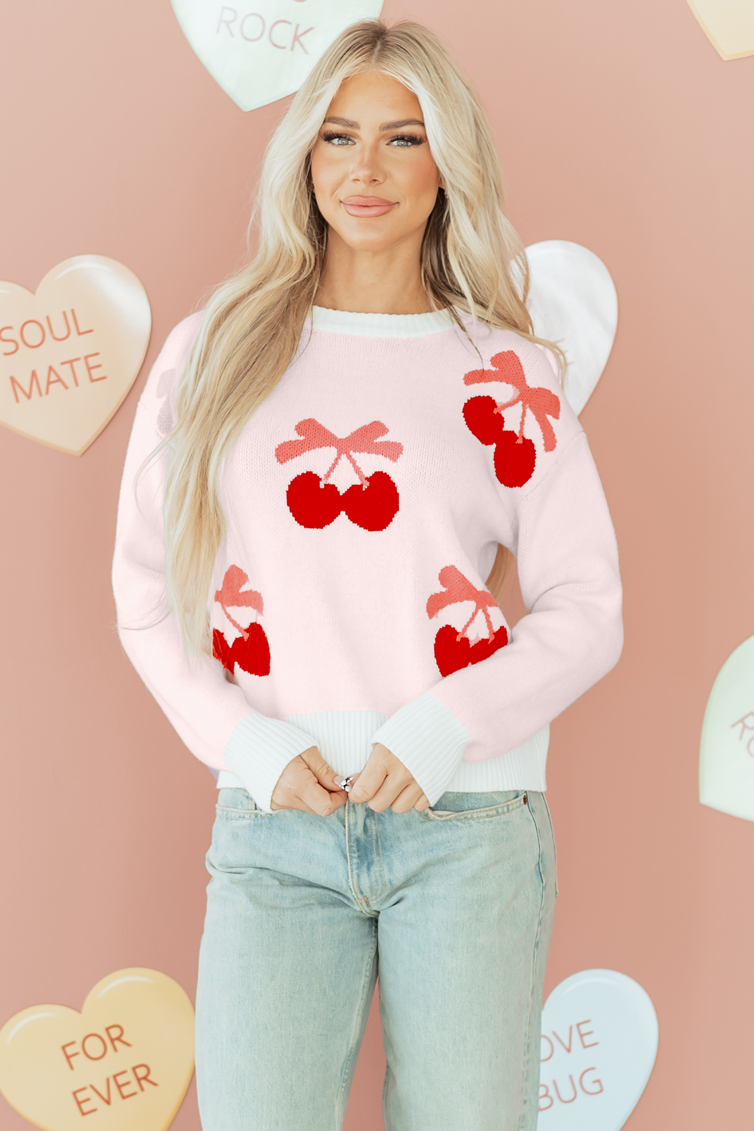 White Cherry Pattern Drop Shoulder Sweater view 6