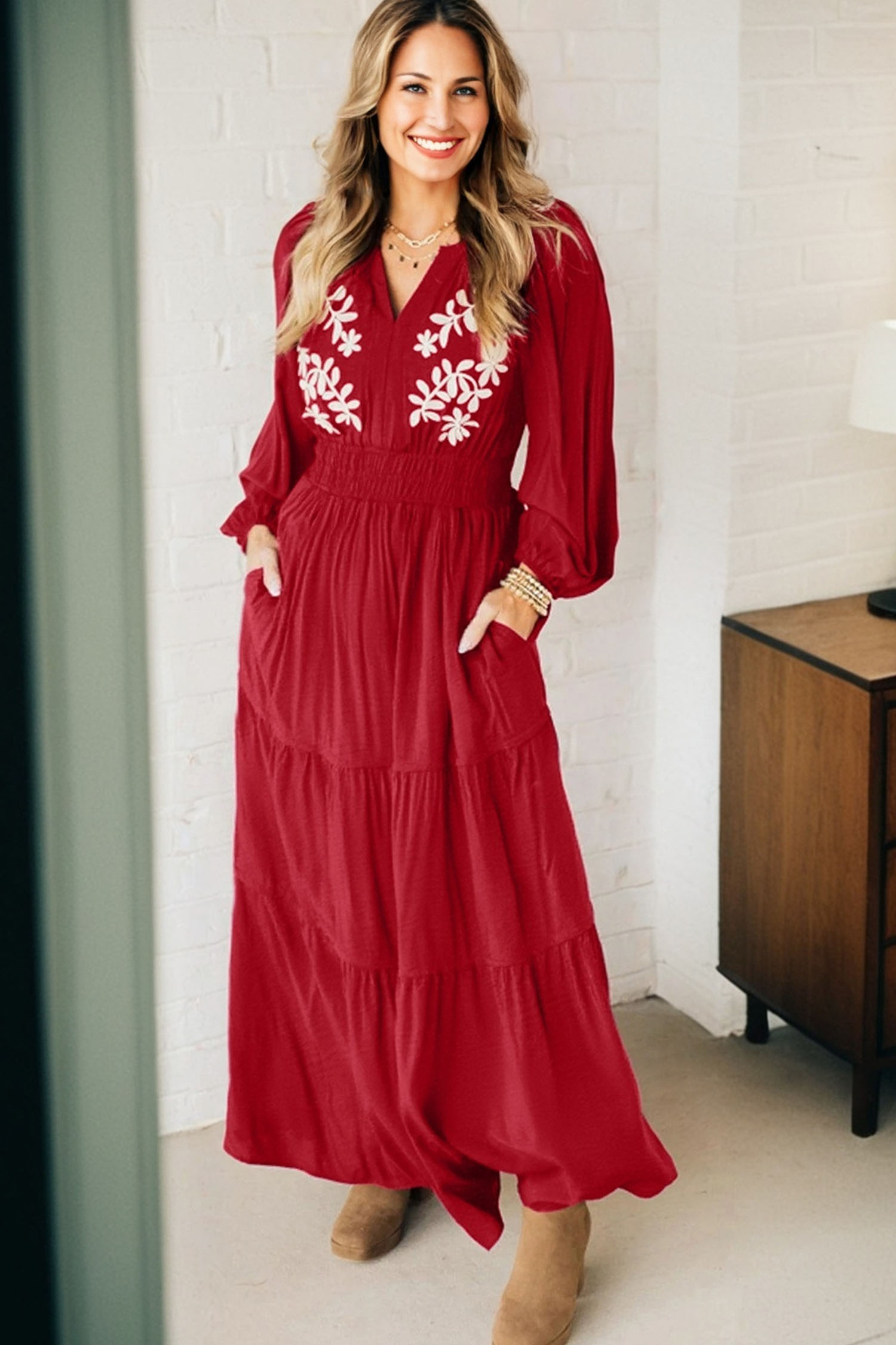 Racing Red Contrast Embroidered Detail Cinched Waist Tiered Long Sleeve Maxi Dress view 10