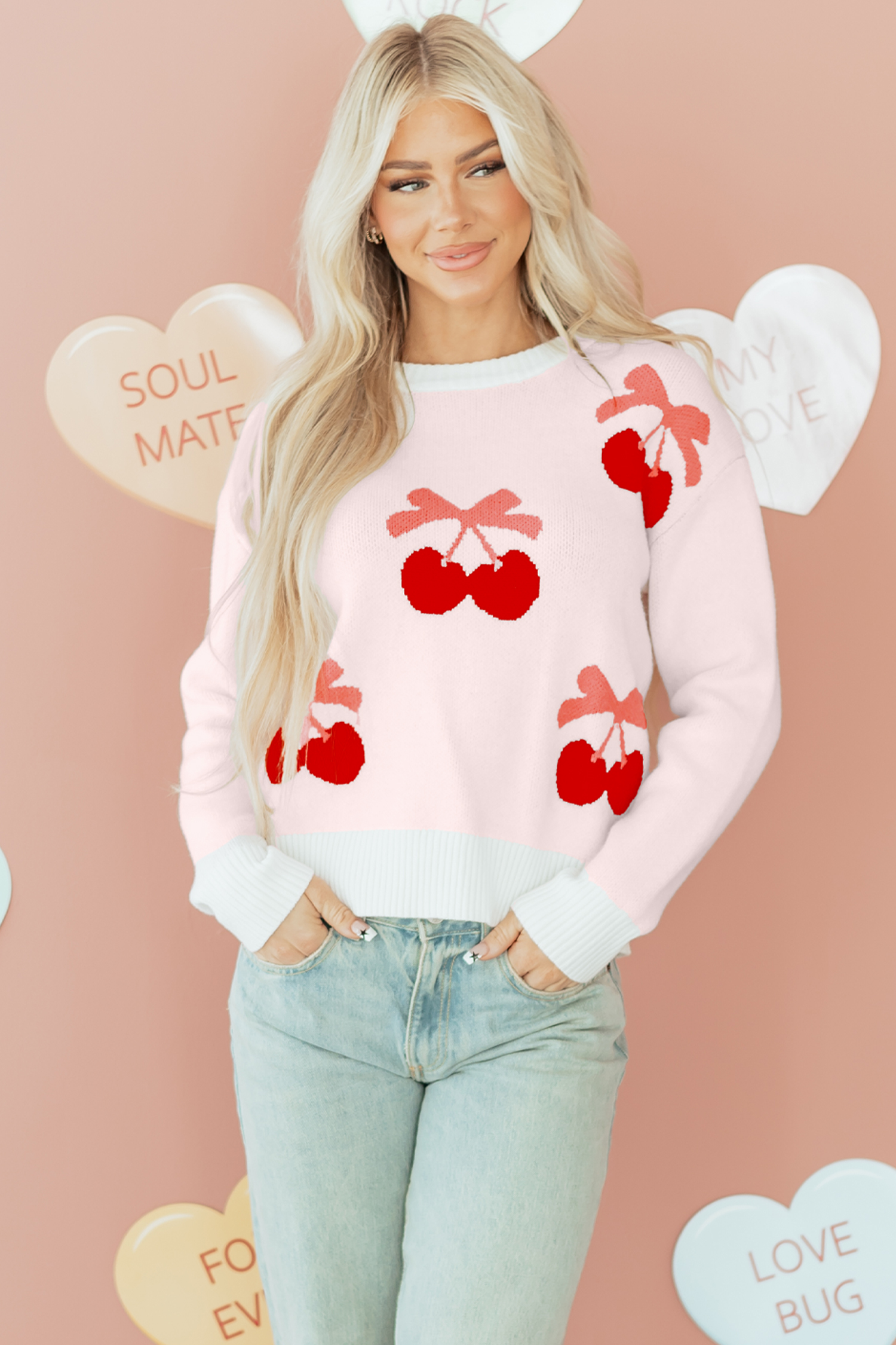 White Cherry Pattern Drop Shoulder Sweater view 4