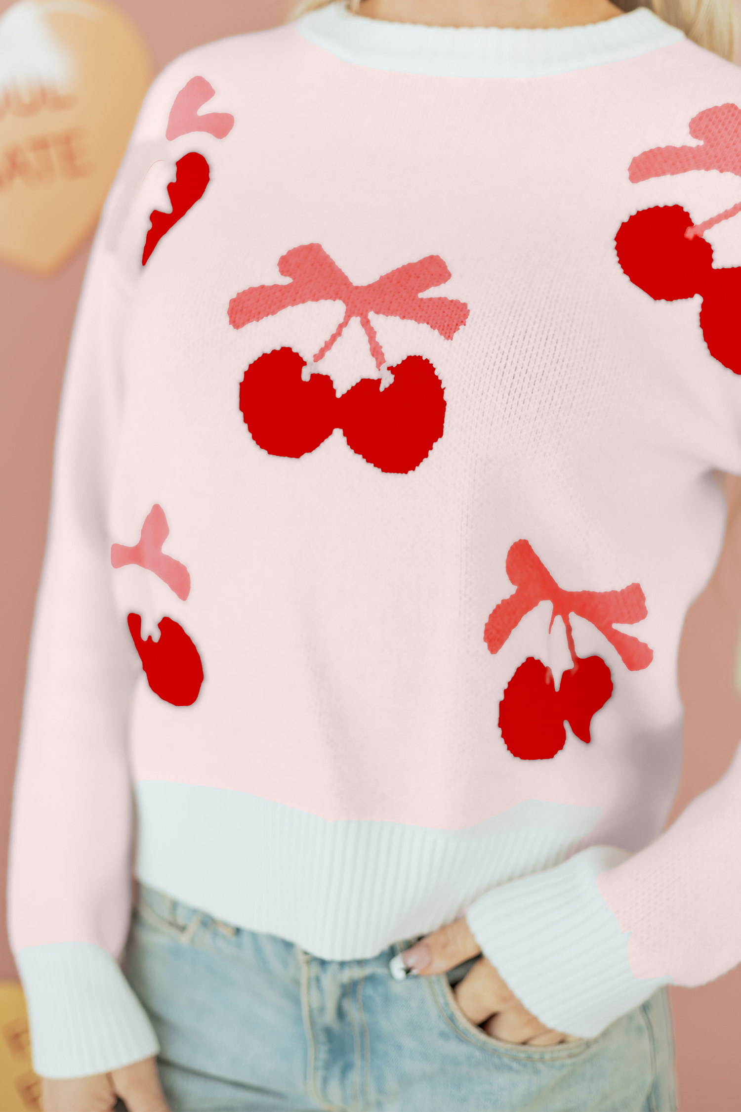 White Cherry Pattern Drop Shoulder Sweater view 5