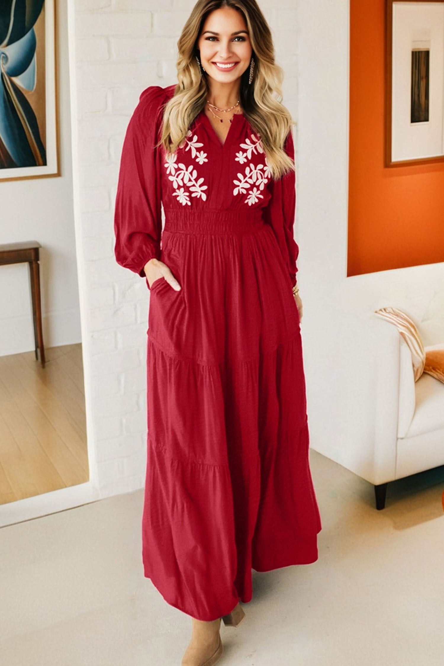 Racing Red Contrast Embroidered Detail Cinched Waist Tiered Long Sleeve Maxi Dress view 9