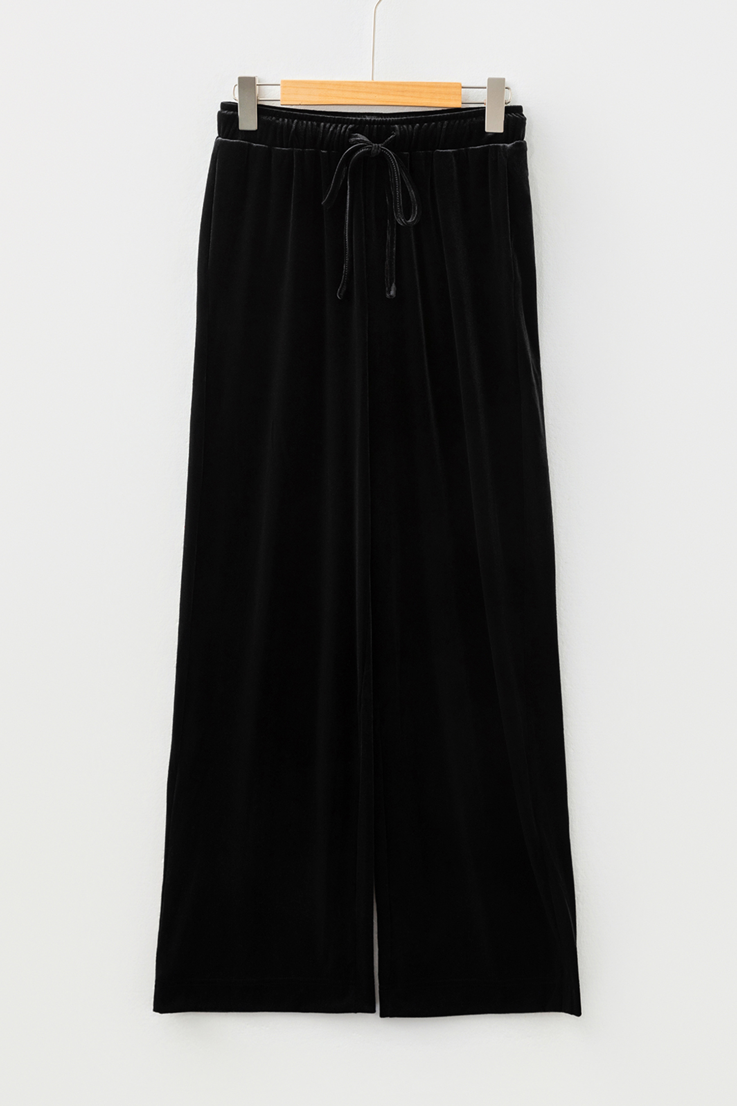 Black Shiny Velvet Drawstring High Waist Straight Leg Casual Pants view 5
