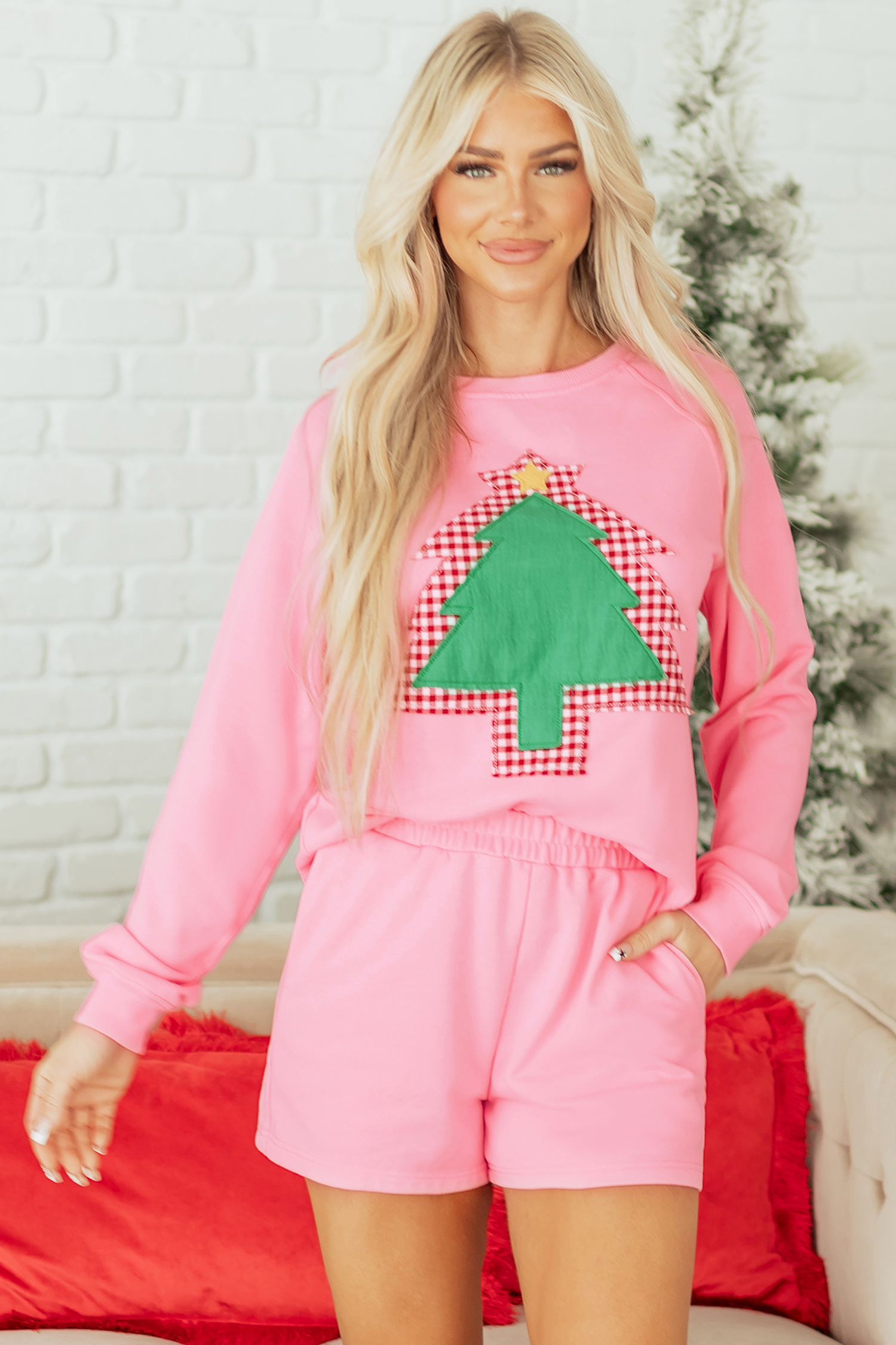 Sachet Pink Plaid Contrasted Double Christmas Tree Patched Raglan Sleeve Pullover 2pcs Short Set view 4