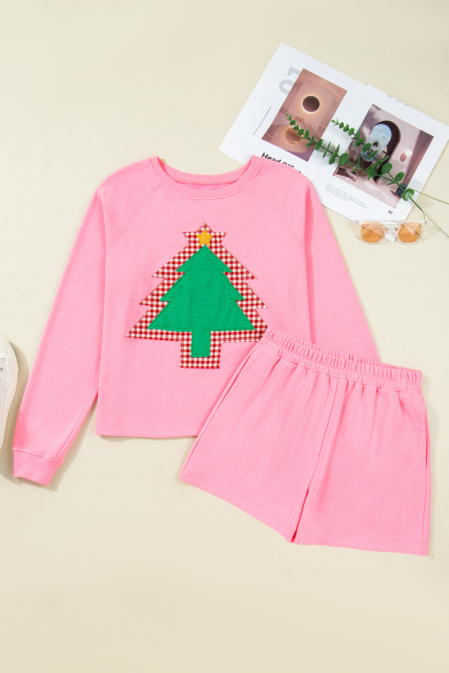 Sachet Pink Plaid Contrasted Double Christmas Tree Patched Raglan Sleeve Pullover 2pcs Short Set view 8